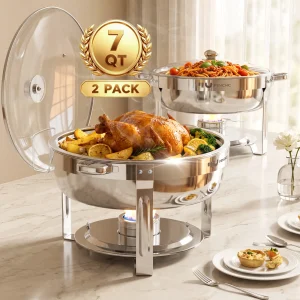 HHVEL 7QT Chafing Dish Buffet Set 2/4 Pack, Stainless Steel Round Buffet Server Food Warmer w/ Glass Lid & Lid Holder for Parties Catering Events Weddings Banquets