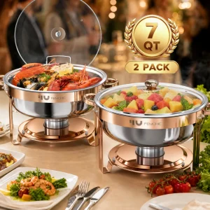 HHVEL Rose Gold Chafing Dish Buffet Set 2/4 Pack, 7QT Stainless Steel Round Buffet Server Food Warmer w/ Glass Lid & Lid Holder for Parties Catering Events Weddings Banquets