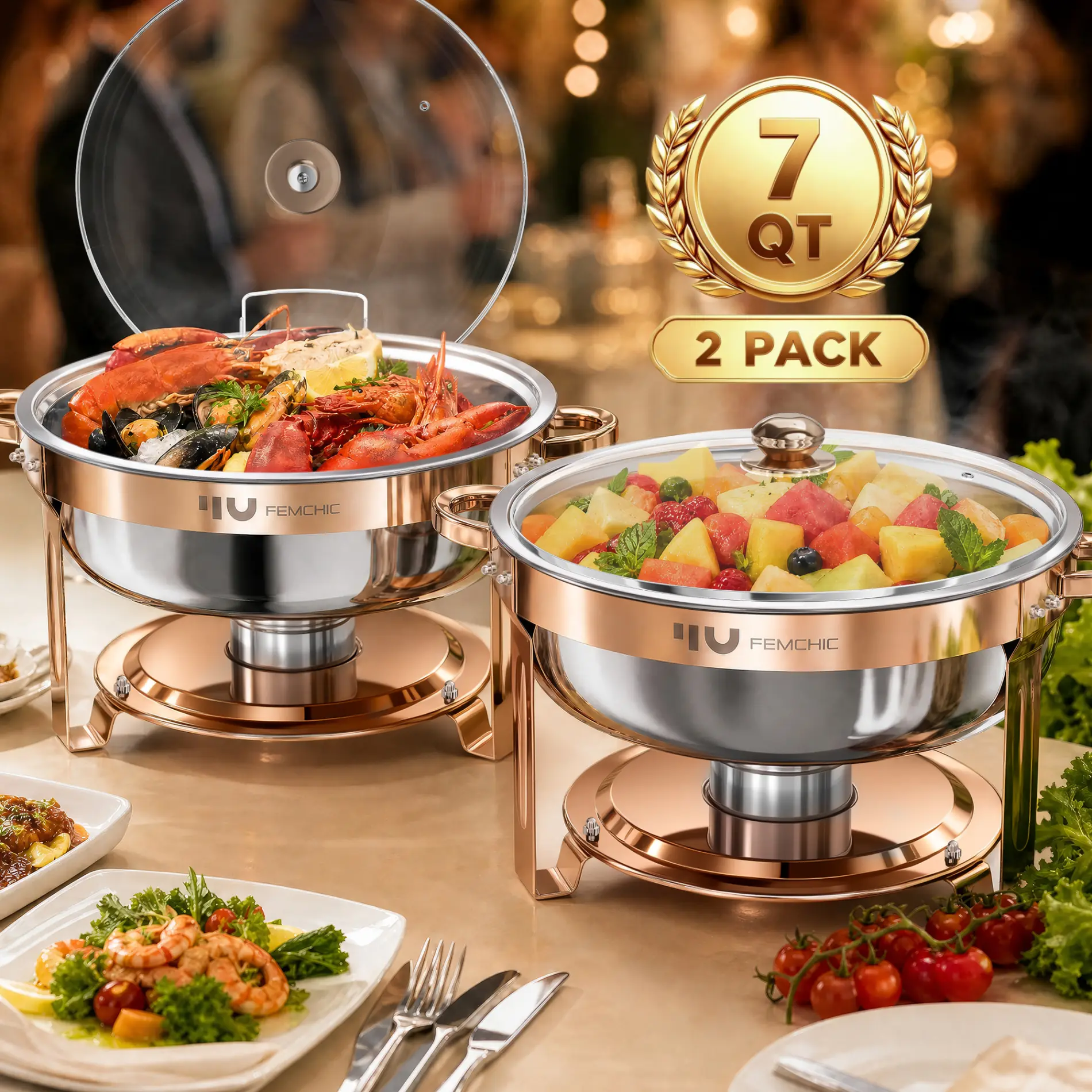 HHVEL Rose Gold Chafing Dish Buffet Set 2/4 Pack, 7QT Stainless Steel Round Buffet Server Food Warmer w/ Glass Lid & Lid Holder for Parties Catering Events Weddings Banquets