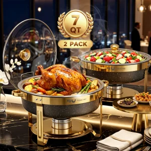 HHVEL 7QT Chafing Dish Buffet Set 2/4 Pack, Black Stainless Steel Round Buffet Server Food Warmer w/ Glass Lid & Lid Holder for Parties Catering Events Weddings Banquets