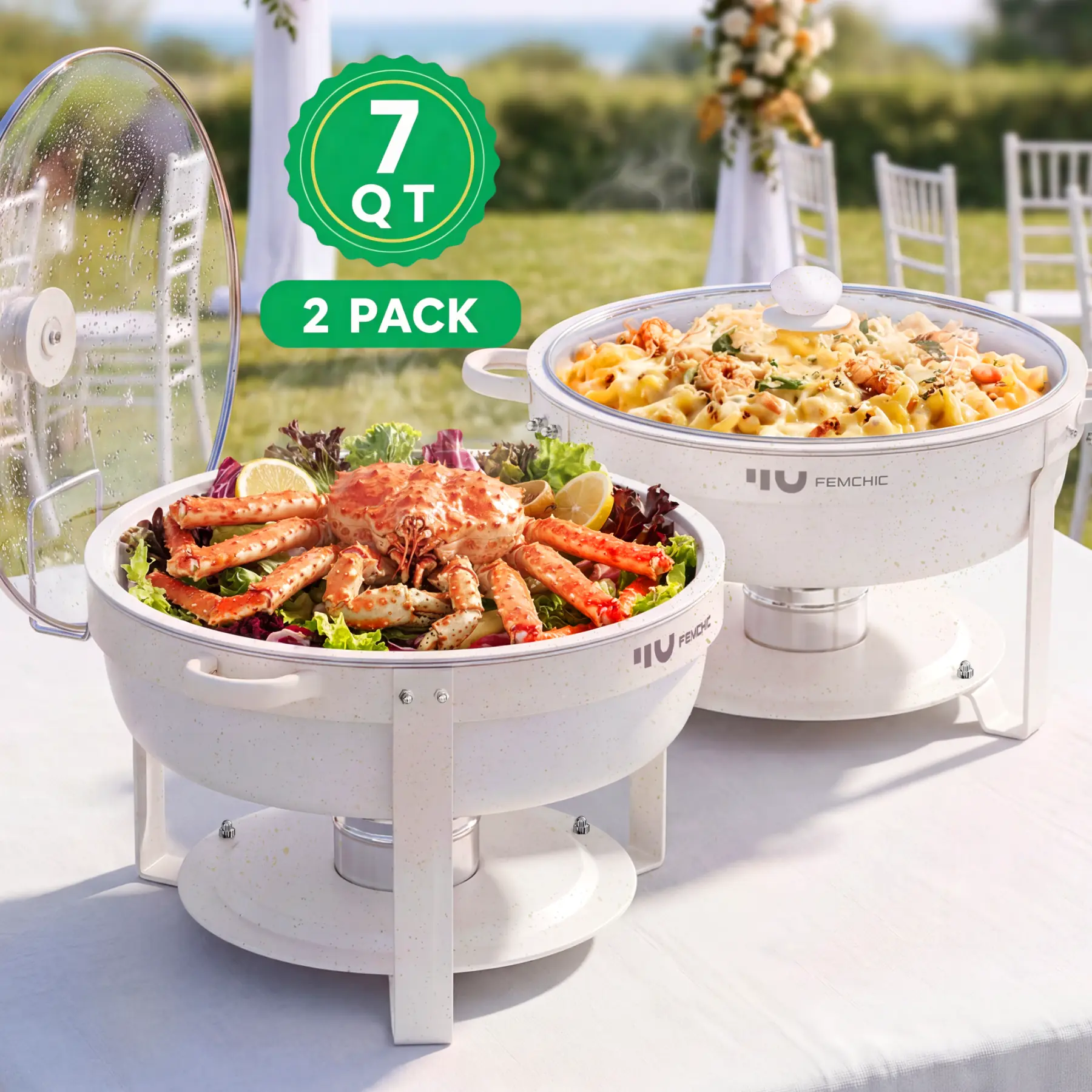 HHVEL 7QT Chafing Dish Buffet Set 2 Pack, White Maifanite-Coated Stainless Steel Round Buffet Server Food Warmer w/ Glass Lid & Lid Holder for Parties Catering Events Weddings Banquets