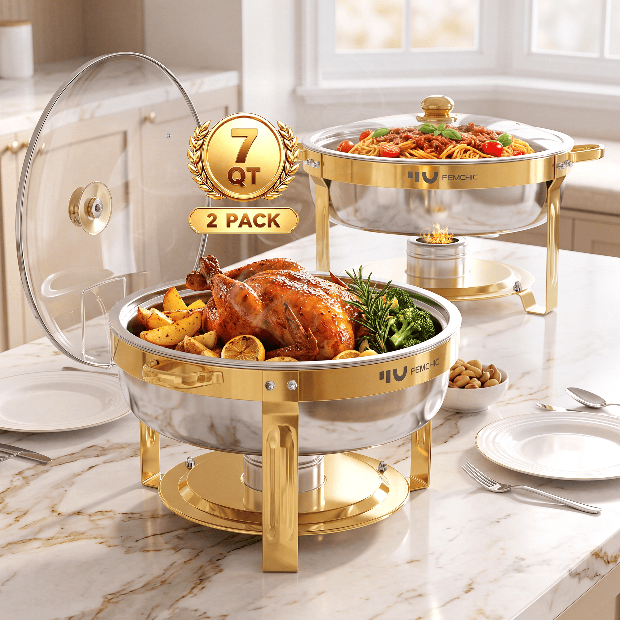 FEMCHIC 7QT Gold Chafing Dishes for Buffet 4 Pack, Chafing Dish Buffet Set Stainless Steel, Round Chafing Dishes with Glass Lid & Lid Holder, Smooth Mirror Polish for Party Events Wedding