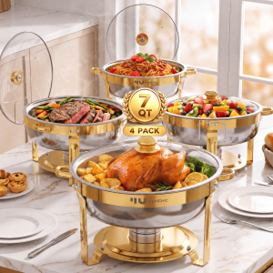 FEMCHIC 7QT Gold Chafing Dishes for Buffet 4 Pack, Chafing Dish Buffet Set Stainless Steel, Round Chafing Dishes with Glass Lid & Lid Holder, Smooth Mirror Polish for Party Events Wedding