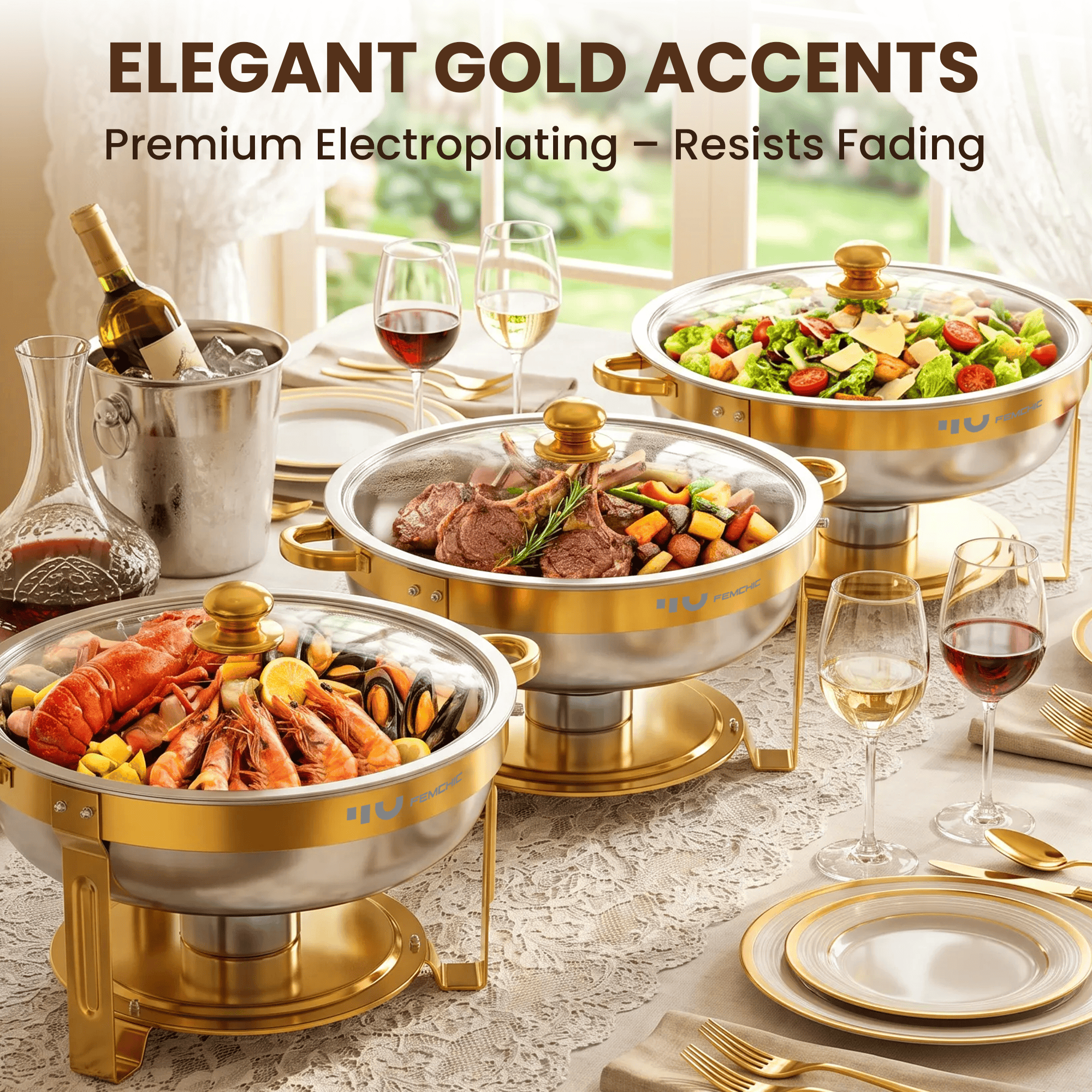FEMCHIC 7QT Gold Chafing Dishes for Buffet 4 Pack, Chafing Dish Buffet Set Stainless Steel, Round Chafing Dishes with Glass Lid & Lid Holder, Smooth Mirror Polish for Party Events Wedding - Image 11