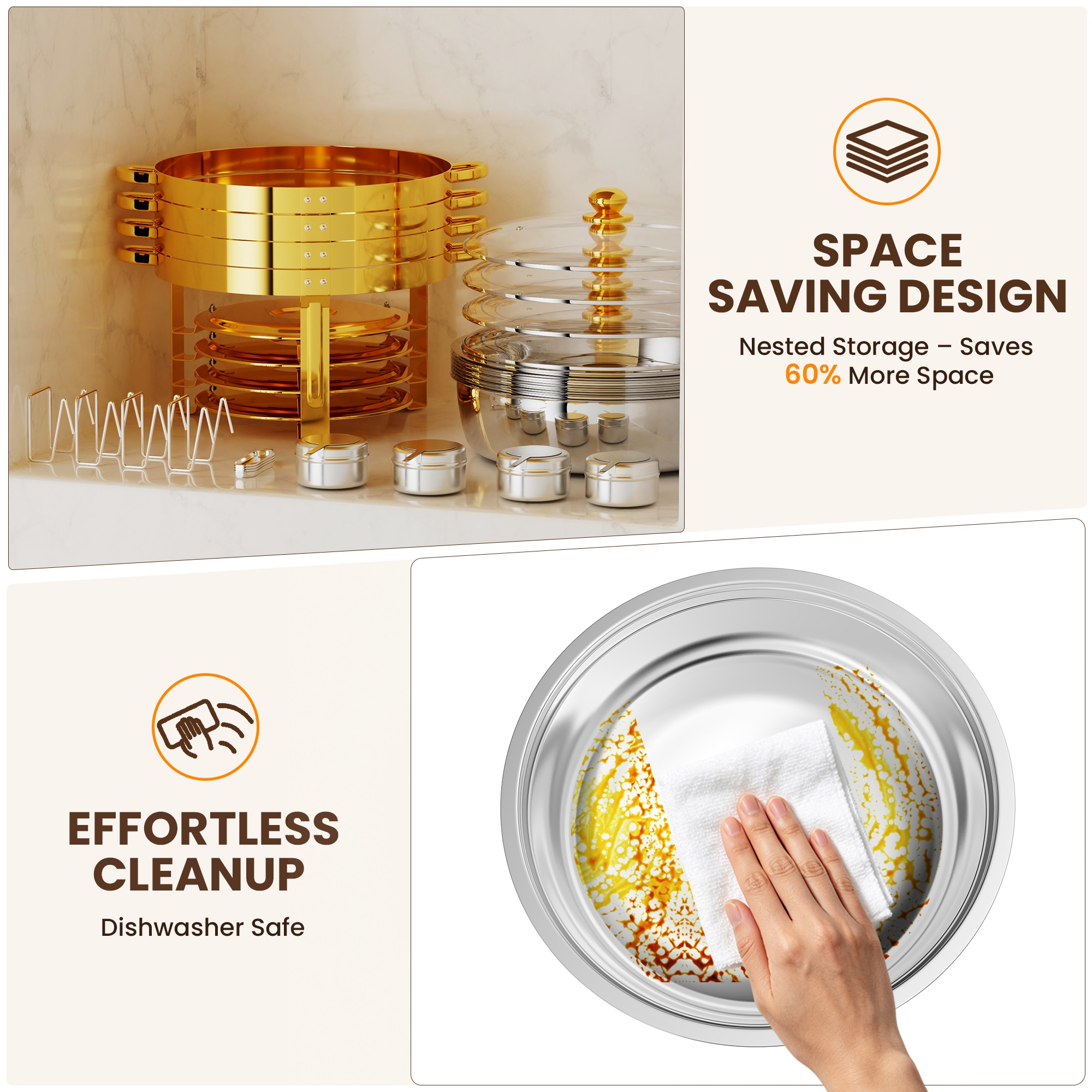 FEMCHIC 7QT Gold Chafing Dishes for Buffet 4 Pack, Chafing Dish Buffet Set Stainless Steel, Round Chafing Dishes with Glass Lid & Lid Holder, Smooth Mirror Polish for Party Events Wedding - Image 9