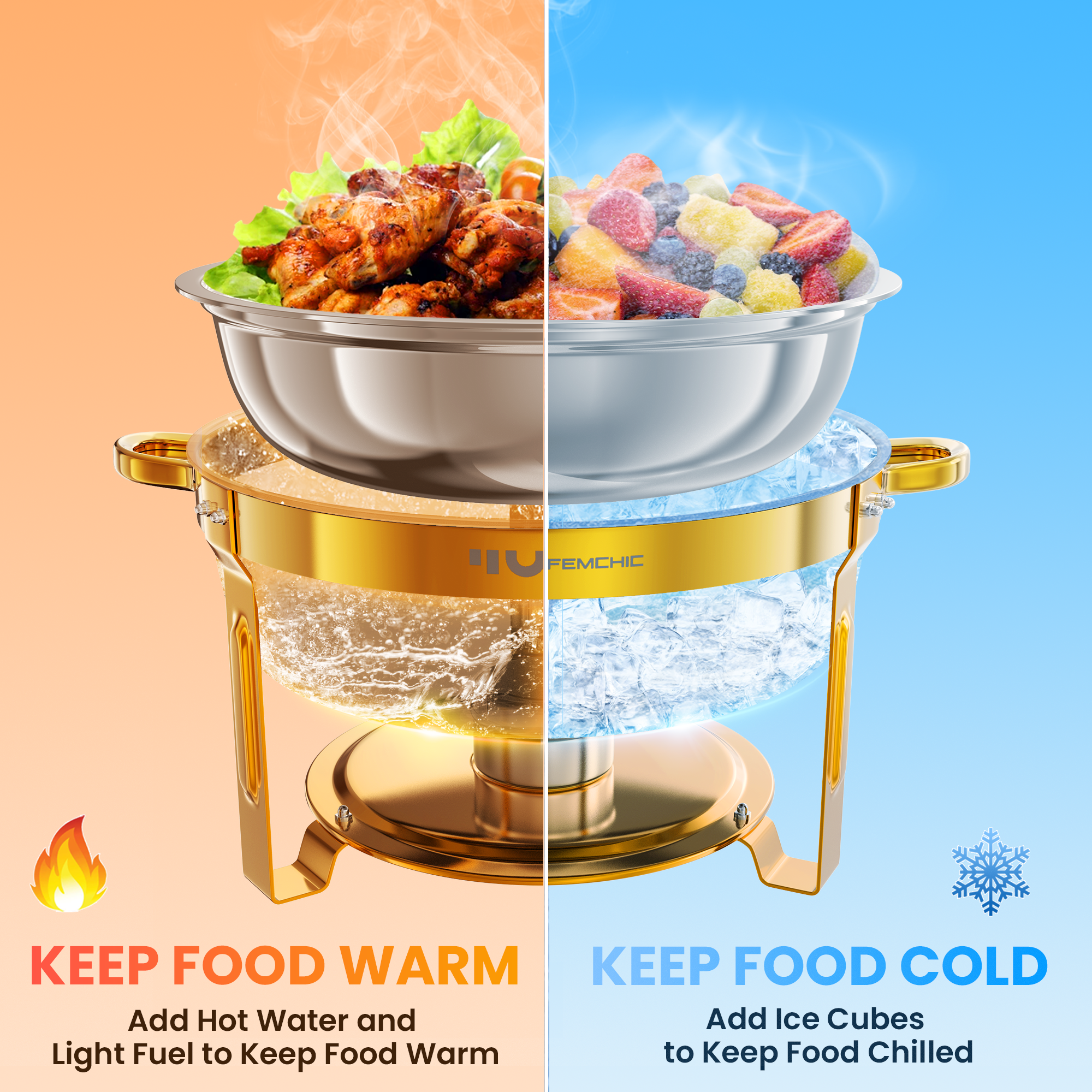 FEMCHIC 7QT Gold Chafing Dishes for Buffet 4 Pack, Chafing Dish Buffet Set Stainless Steel, Round Chafing Dishes with Glass Lid & Lid Holder, Smooth Mirror Polish for Party Events Wedding - Image 8
