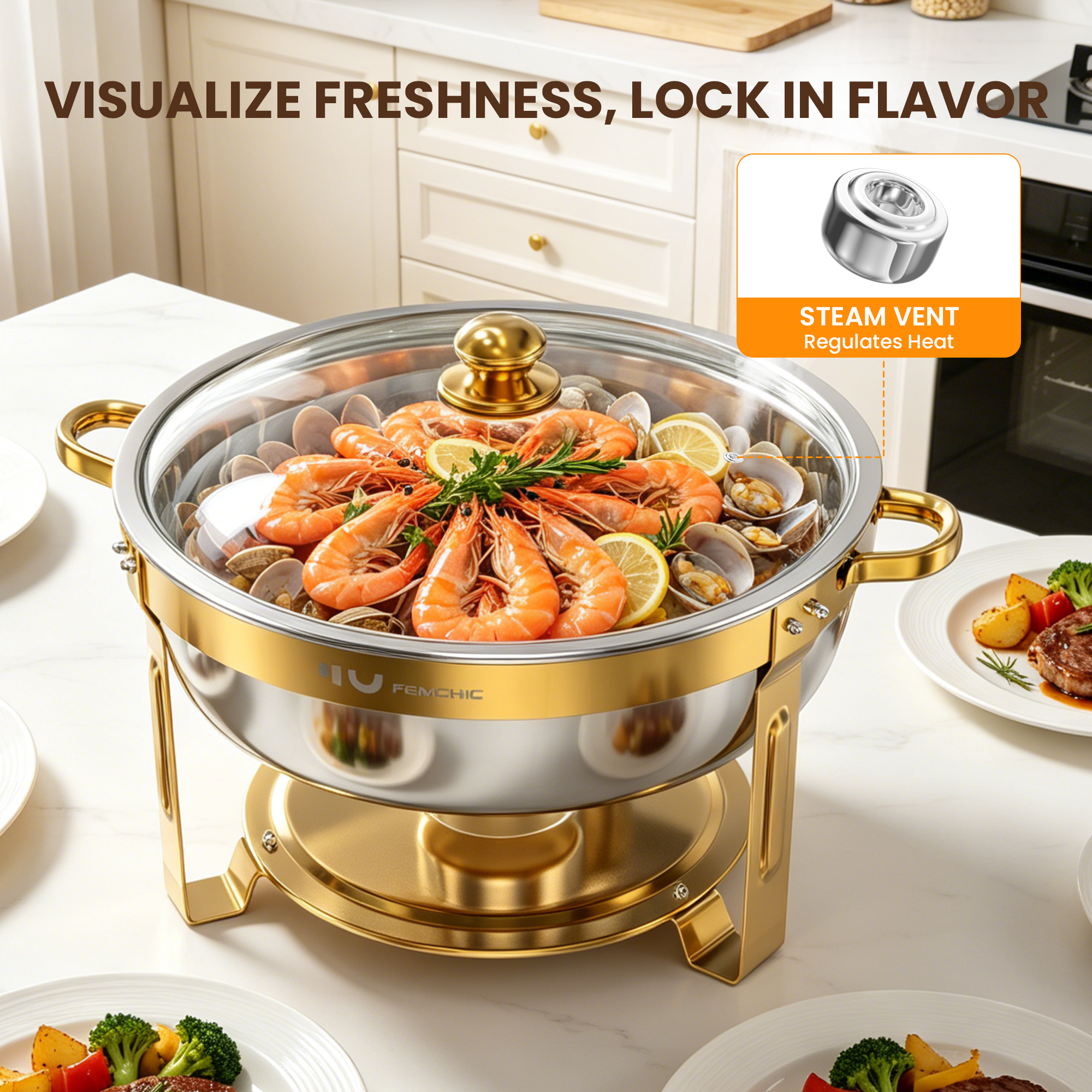 FEMCHIC 7QT Gold Chafing Dishes for Buffet 4 Pack, Chafing Dish Buffet Set Stainless Steel, Round Chafing Dishes with Glass Lid & Lid Holder, Smooth Mirror Polish for Party Events Wedding - Image 7
