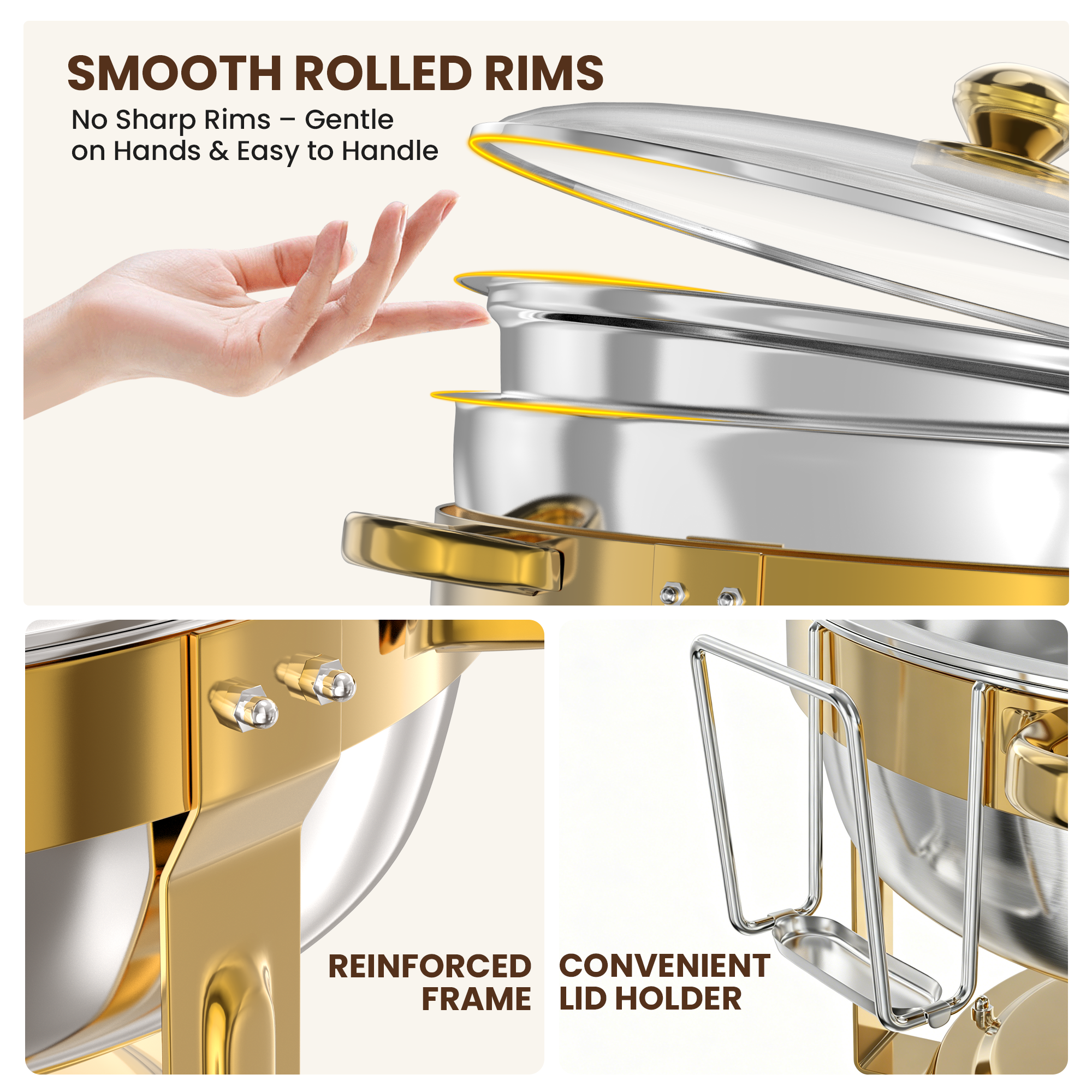 FEMCHIC 7QT Gold Chafing Dishes for Buffet 4 Pack, Chafing Dish Buffet Set Stainless Steel, Round Chafing Dishes with Glass Lid & Lid Holder, Smooth Mirror Polish for Party Events Wedding - Image 6