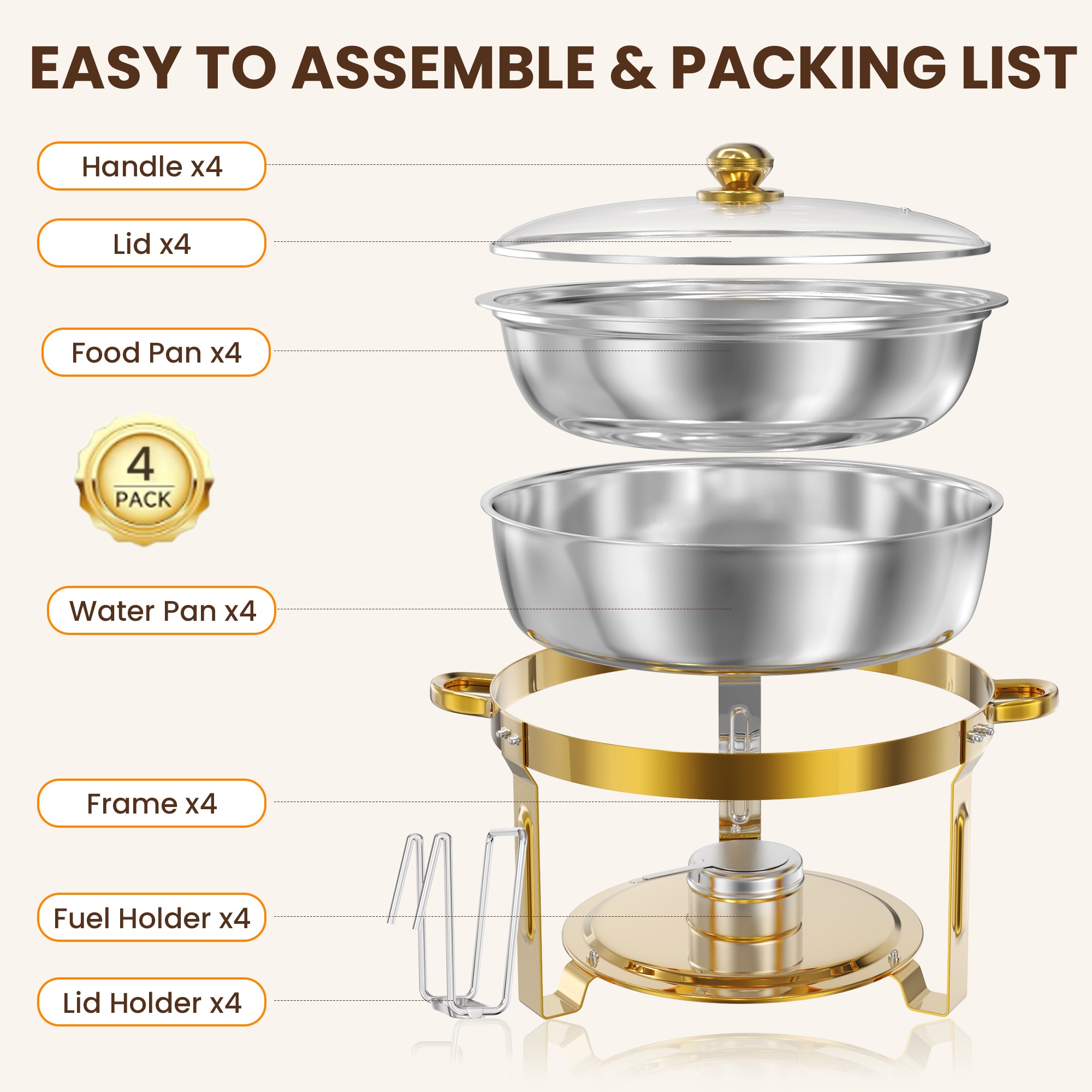 FEMCHIC 7QT Gold Chafing Dishes for Buffet 4 Pack, Chafing Dish Buffet Set Stainless Steel, Round Chafing Dishes with Glass Lid & Lid Holder, Smooth Mirror Polish for Party Events Wedding - Image 4