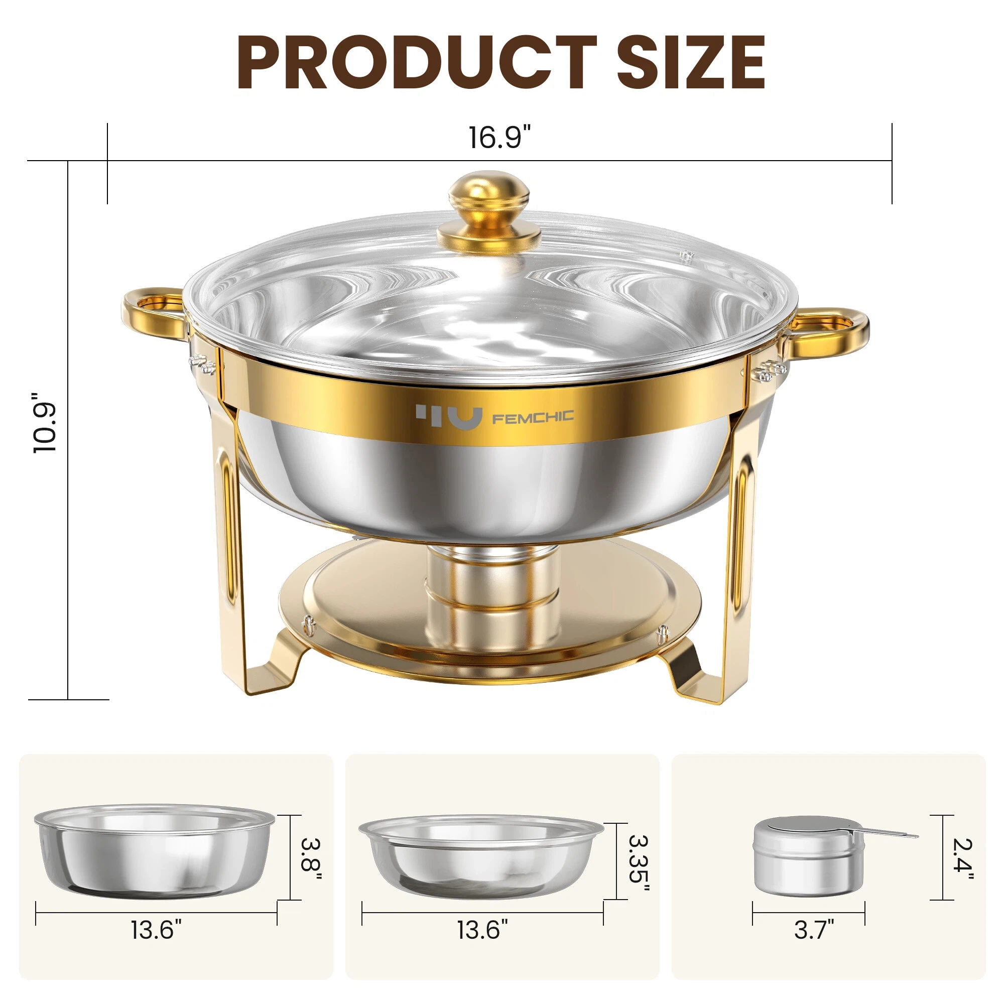 FEMCHIC 7QT Gold Chafing Dishes for Buffet 4 Pack, Chafing Dish Buffet Set Stainless Steel, Round Chafing Dishes with Glass Lid & Lid Holder, Smooth Mirror Polish for Party Events Wedding - Image 3