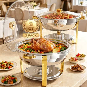 HHVEL 9QT Chafing Dish Buffet Set 2 Pack, Gold Stainless Steel Round Buffet Server Food Warmer w/ Glass Lid & Lid Holder for Parties Catering Events Weddings Banquets
