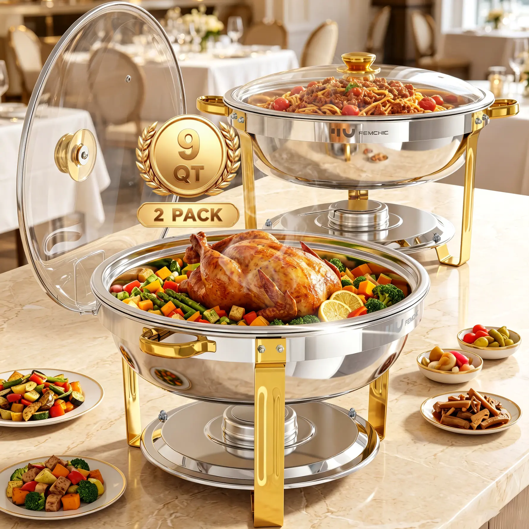 HHVEL 9QT Chafing Dish Buffet Set 2 Pack, Gold Stainless Steel Round Buffet Server Food Warmer w/ Glass Lid & Lid Holder for Parties Catering Events Weddings Banquets