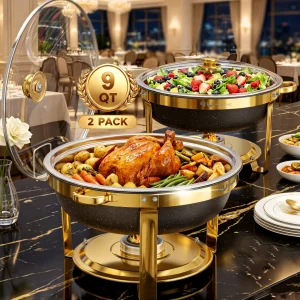 HHVEL 9QT Chafing Dish Buffet Set 2/4 Pack, Black Gold Stainless Steel Round Buffet Server Food Warmer w/ Glass Lid & Lid Holder for Parties Catering Events Weddings Banquets