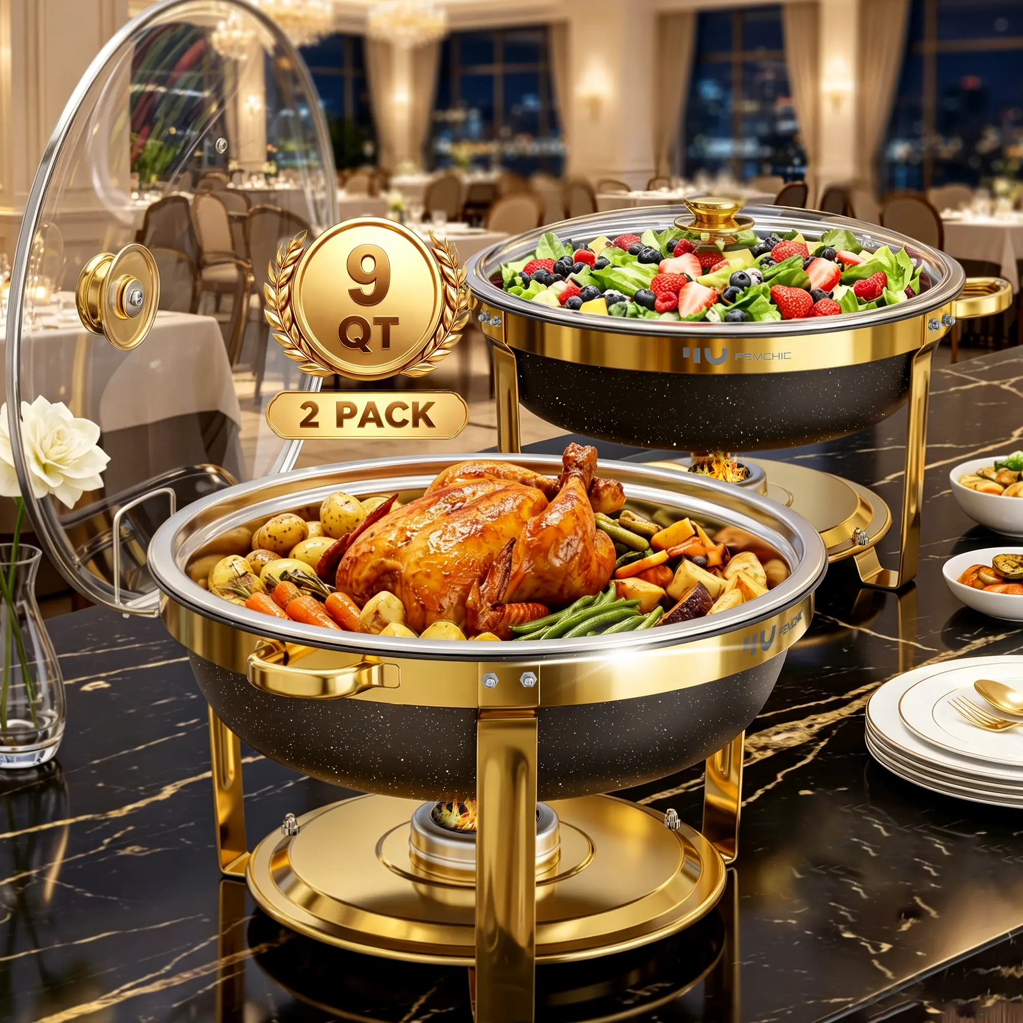 HHVEL 9QT Chafing Dish Buffet Set 2/4 Pack, Black Gold Stainless Steel Round Buffet Server Food Warmer w/ Glass Lid & Lid Holder for Parties Catering Events Weddings Banquets