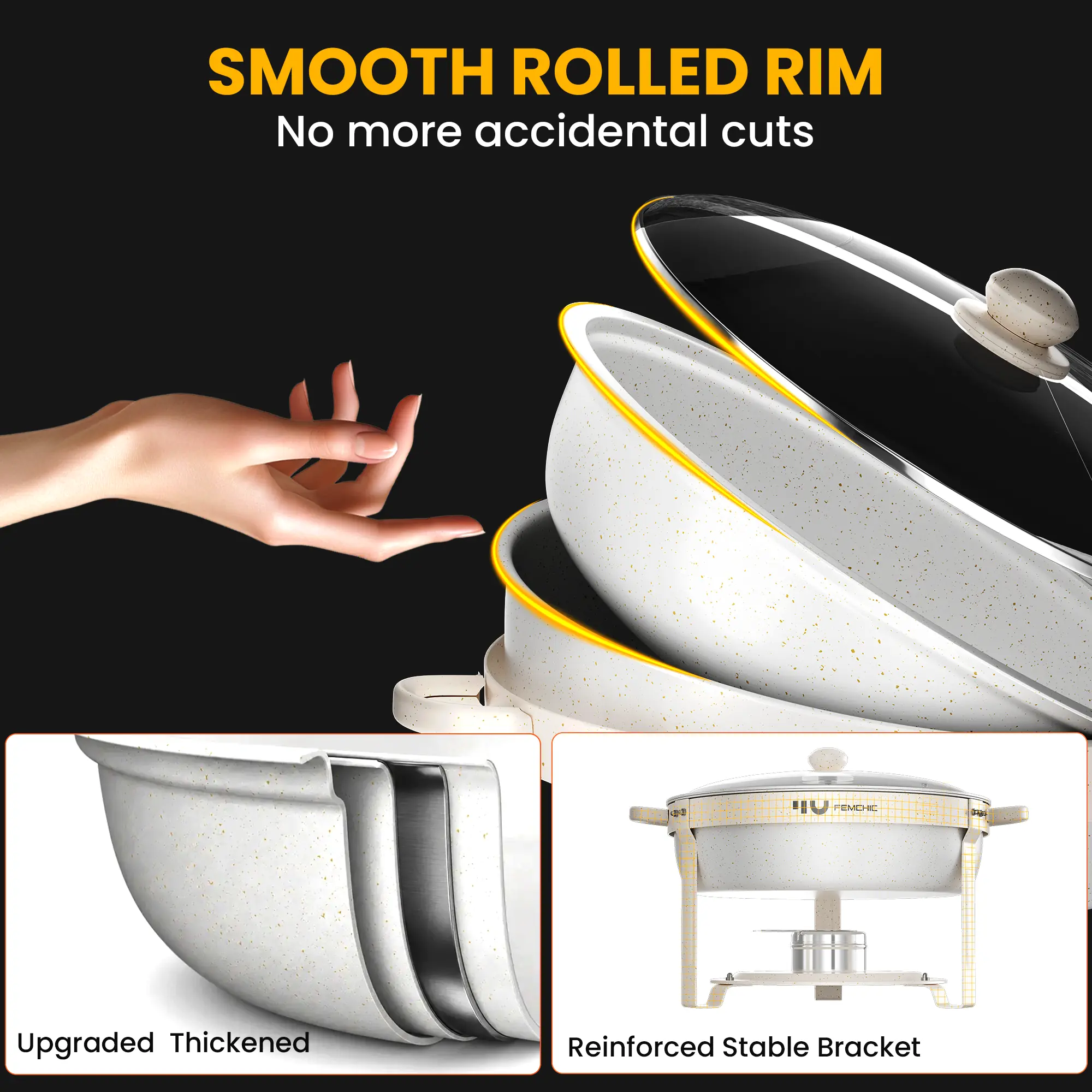 HHVEL 7QT Chafing Dish Buffet Set 2 Pack, White Maifanite-Coated Stainless Steel Round Buffet Server Food Warmer w/ Glass Lid & Lid Holder for Parties Catering Events Weddings Banquets - Image 6