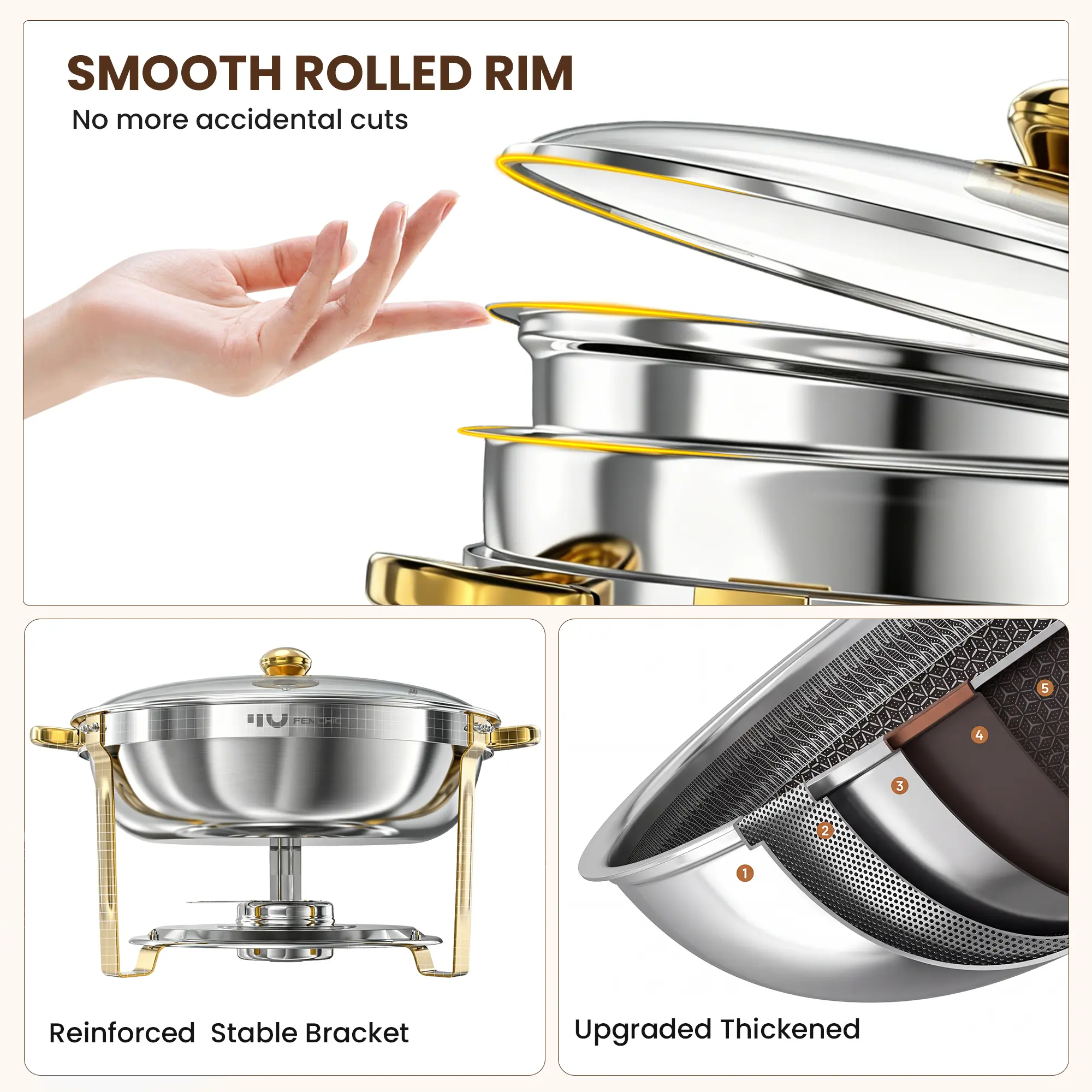 HHVEL 9QT Chafing Dish Buffet Set 2 Pack, Gold Stainless Steel Round Buffet Server Food Warmer w/ Glass Lid & Lid Holder for Parties Catering Events Weddings Banquets - Image 5