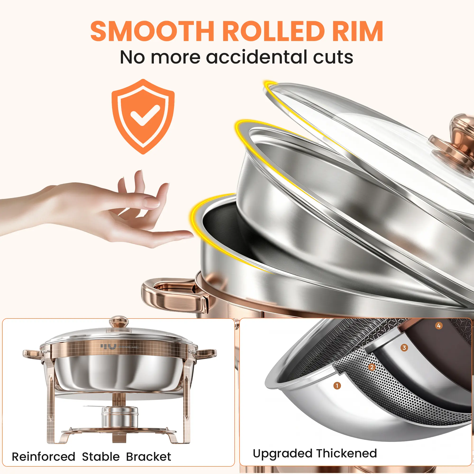HHVEL Rose Gold Chafing Dish Buffet Set 2/4 Pack, 7QT Stainless Steel Round Buffet Server Food Warmer w/ Glass Lid & Lid Holder for Parties Catering Events Weddings Banquets - Image 5