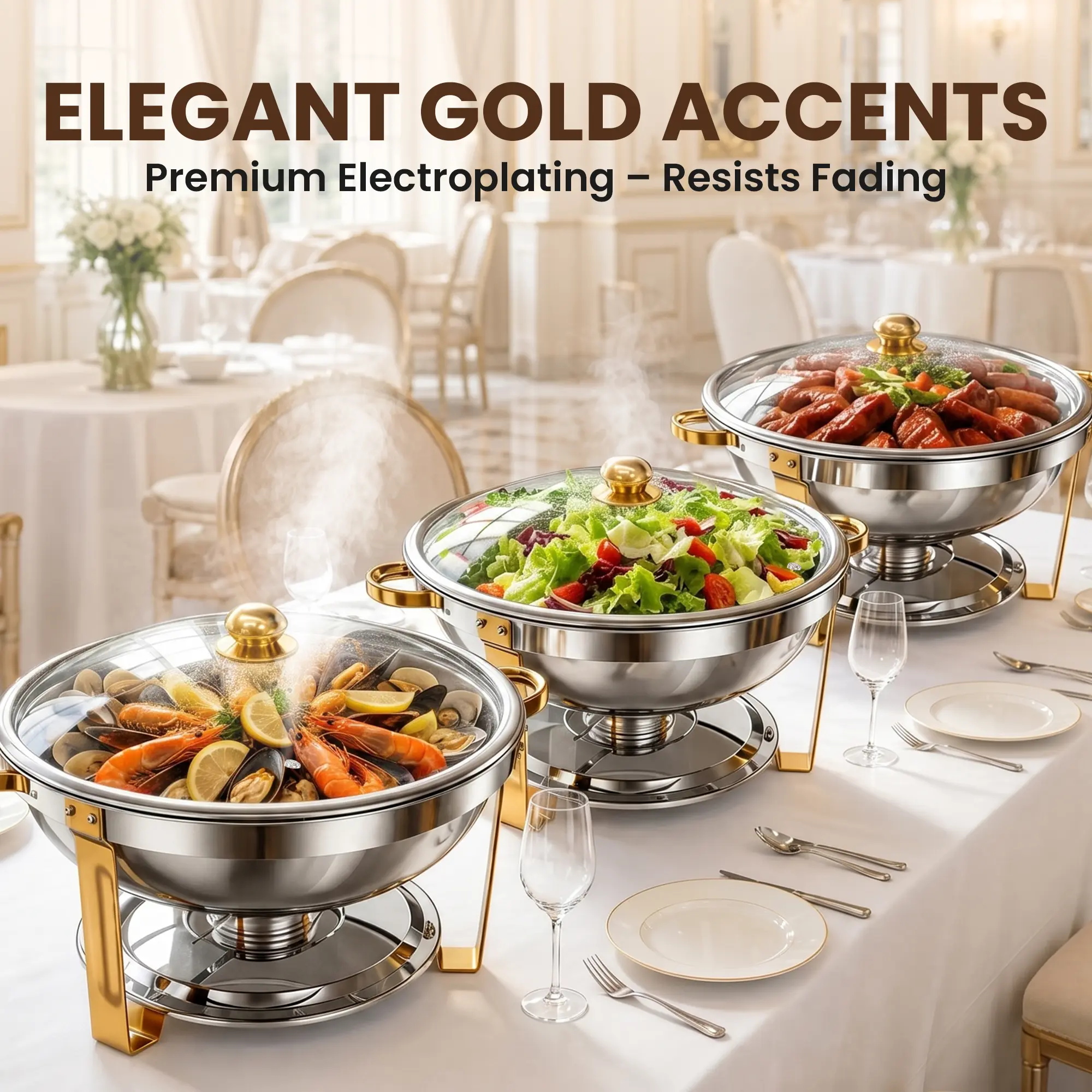 HHVEL 9QT Chafing Dish Buffet Set 2 Pack, Gold Stainless Steel Round Buffet Server Food Warmer w/ Glass Lid & Lid Holder for Parties Catering Events Weddings Banquets - Image 6