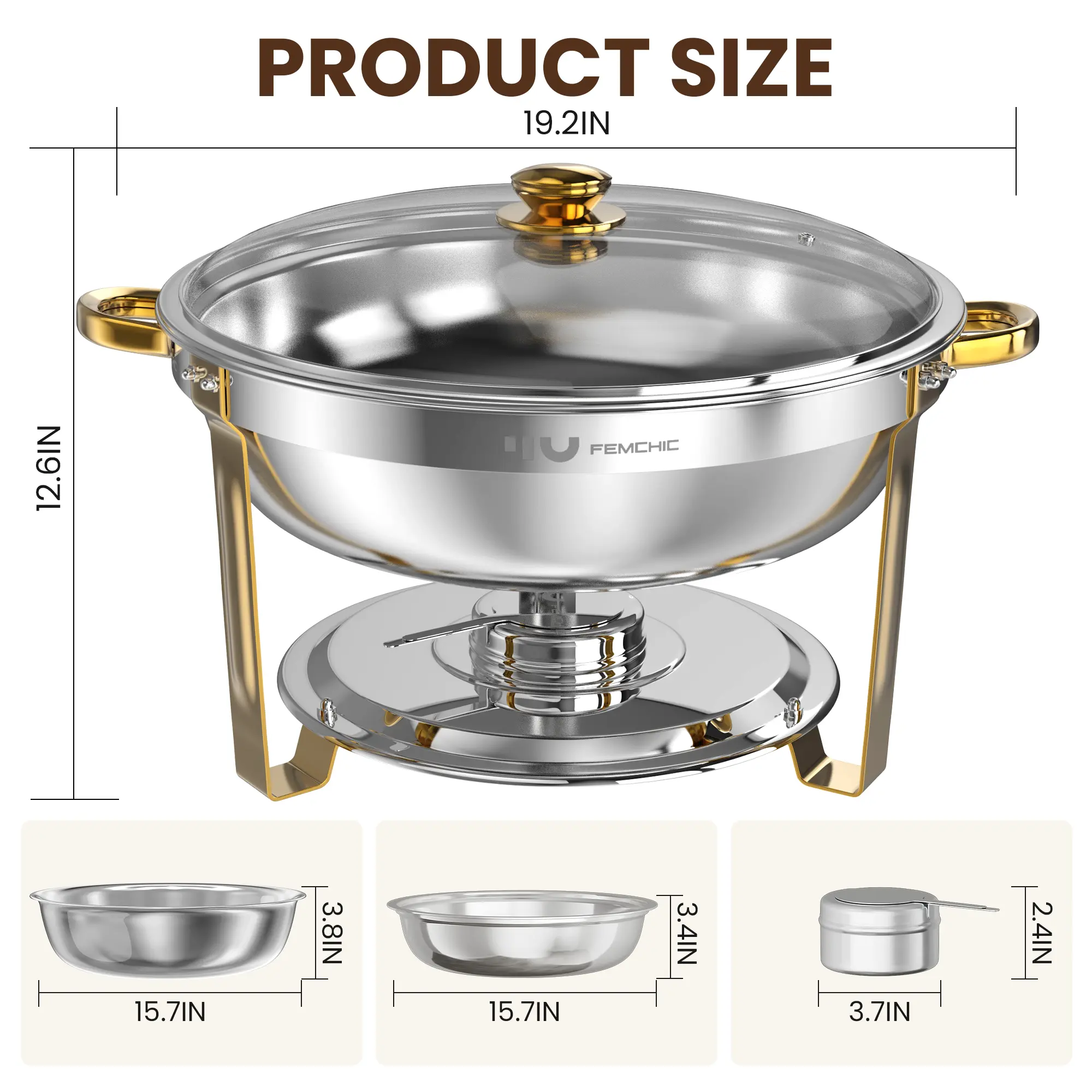 HHVEL 9QT Chafing Dish Buffet Set 2 Pack, Gold Stainless Steel Round Buffet Server Food Warmer w/ Glass Lid & Lid Holder for Parties Catering Events Weddings Banquets - Image 8