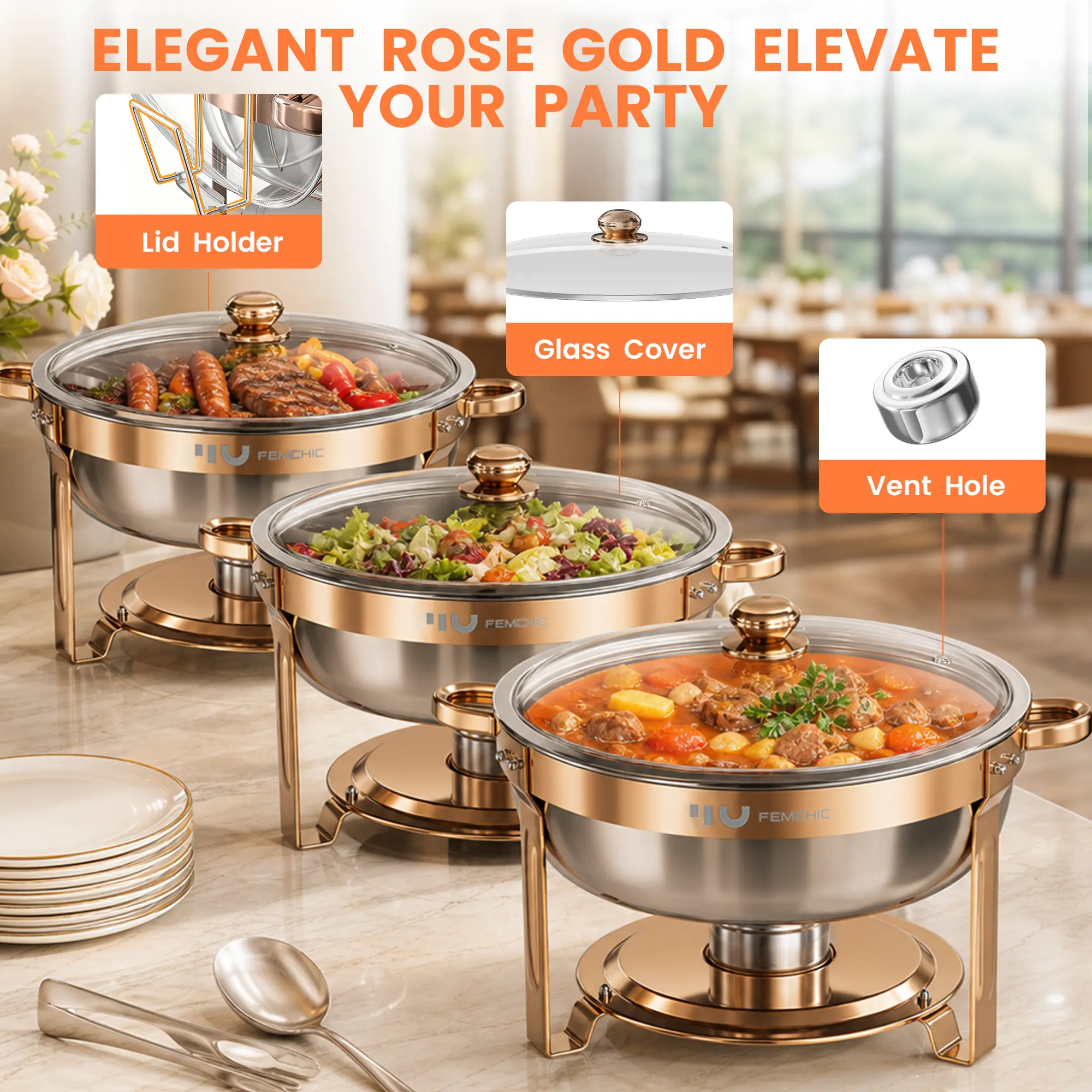 HHVEL Rose Gold Chafing Dish Buffet Set 2/4 Pack, 7QT Stainless Steel Round Buffet Server Food Warmer w/ Glass Lid & Lid Holder for Parties Catering Events Weddings Banquets - Image 6