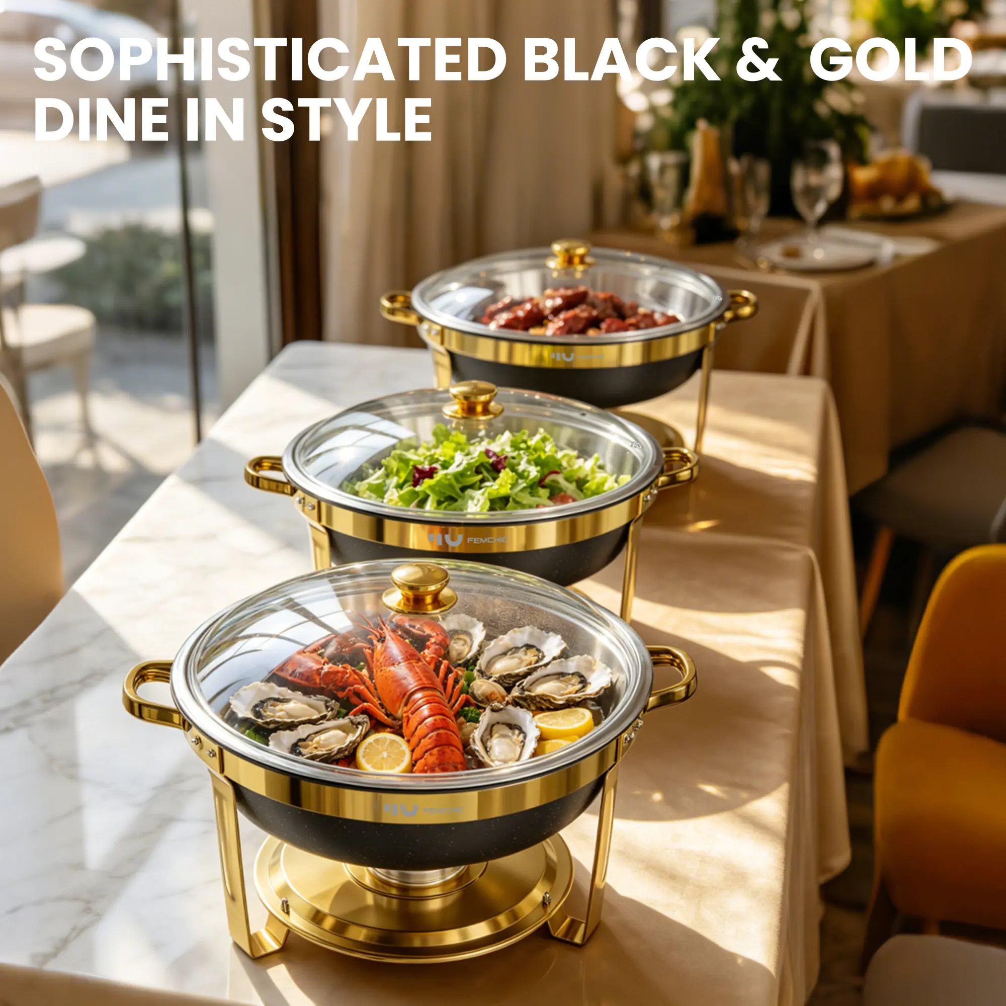 HHVEL 9QT Chafing Dish Buffet Set 2/4 Pack, Black Gold Stainless Steel Round Buffet Server Food Warmer w/ Glass Lid & Lid Holder for Parties Catering Events Weddings Banquets - Image 7
