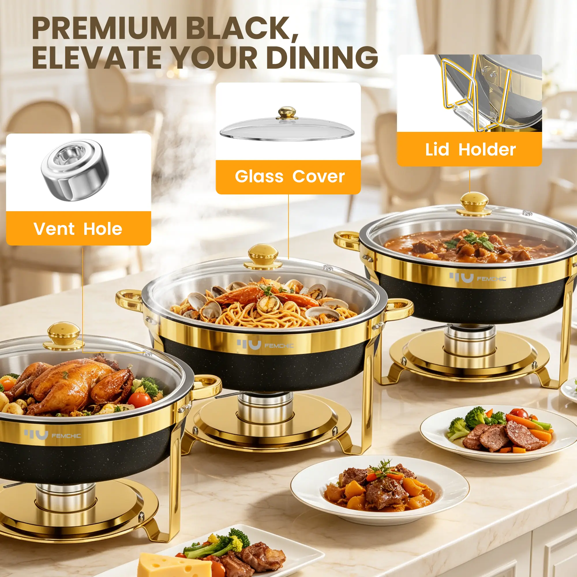 HHVEL 7QT Chafing Dish Buffet Set 2/4 Pack, Black Stainless Steel Round Buffet Server Food Warmer w/ Glass Lid & Lid Holder for Parties Catering Events Weddings Banquets - Image 6