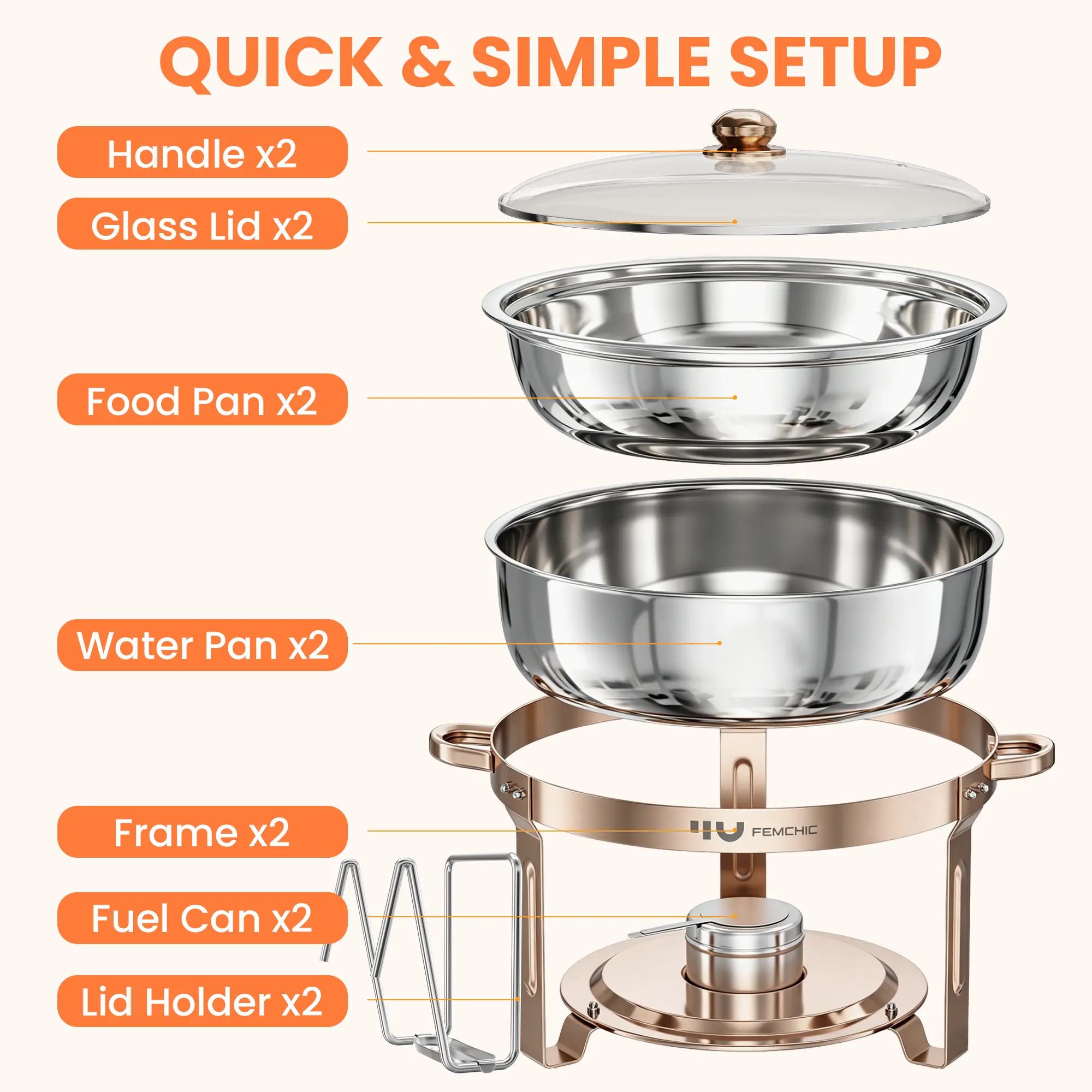 HHVEL Rose Gold Chafing Dish Buffet Set 2/4 Pack, 7QT Stainless Steel Round Buffet Server Food Warmer w/ Glass Lid & Lid Holder for Parties Catering Events Weddings Banquets - Image 8