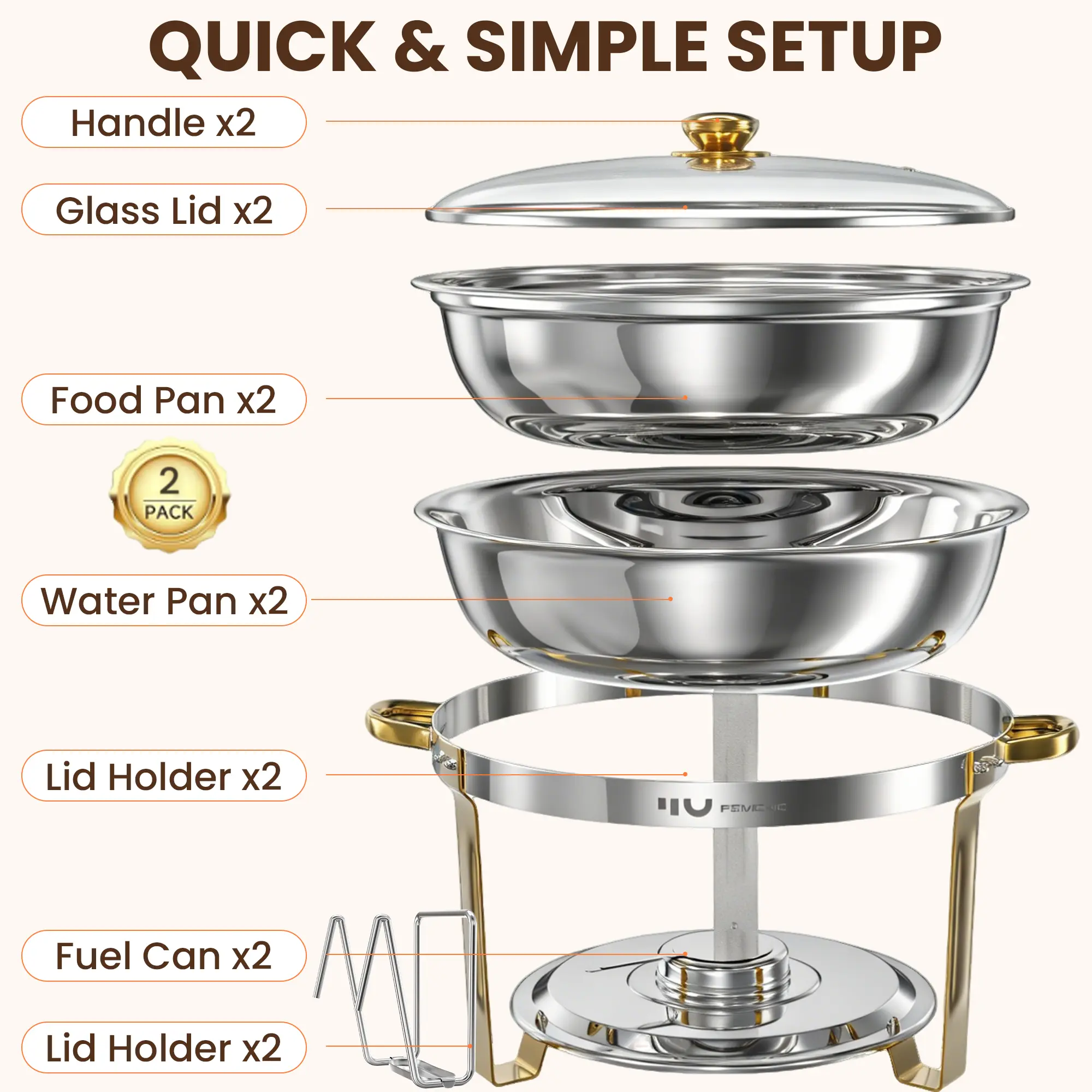 HHVEL 9QT Chafing Dish Buffet Set 2 Pack, Gold Stainless Steel Round Buffet Server Food Warmer w/ Glass Lid & Lid Holder for Parties Catering Events Weddings Banquets - Image 9