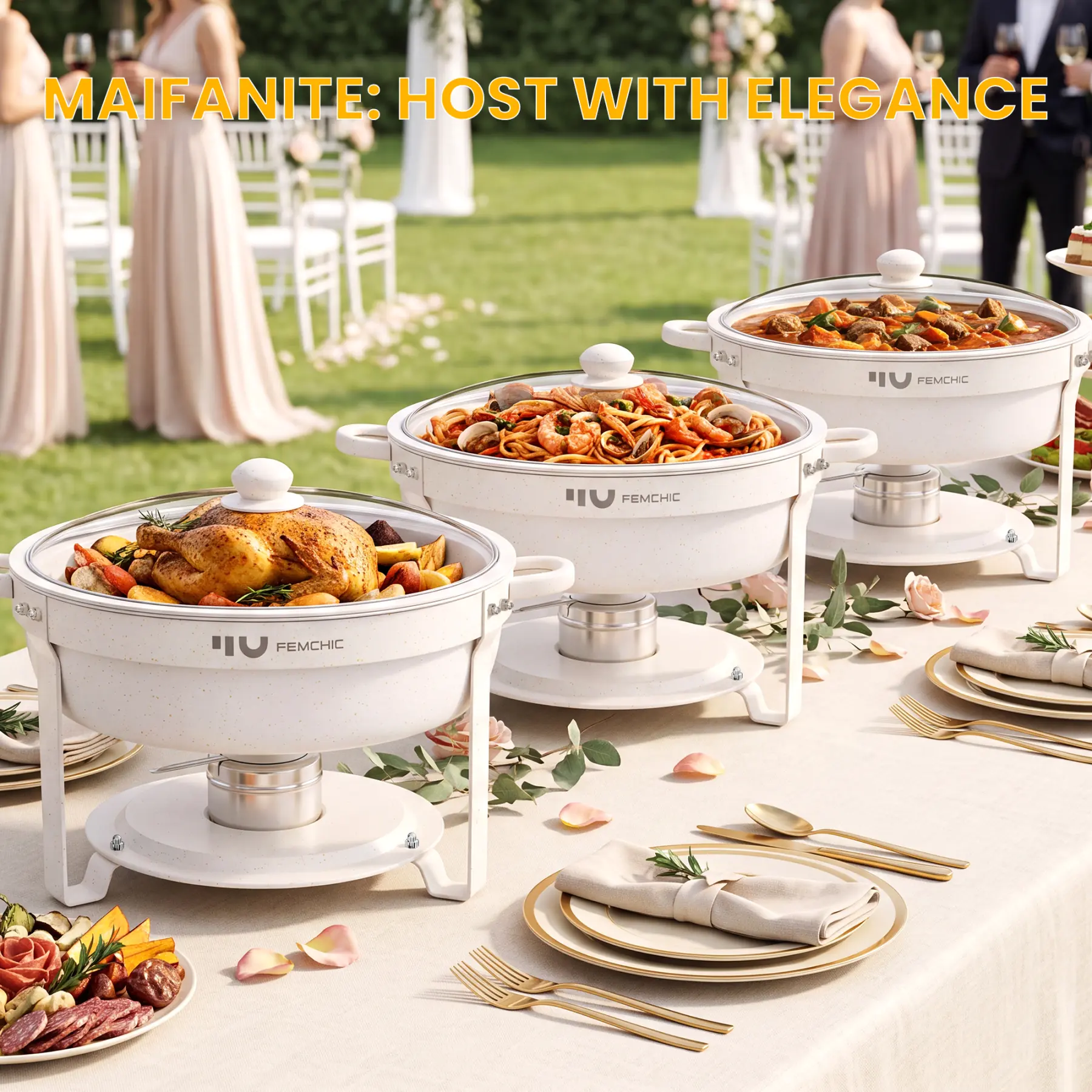 HHVEL 7QT Chafing Dish Buffet Set 2 Pack, White Maifanite-Coated Stainless Steel Round Buffet Server Food Warmer w/ Glass Lid & Lid Holder for Parties Catering Events Weddings Banquets - Image 5