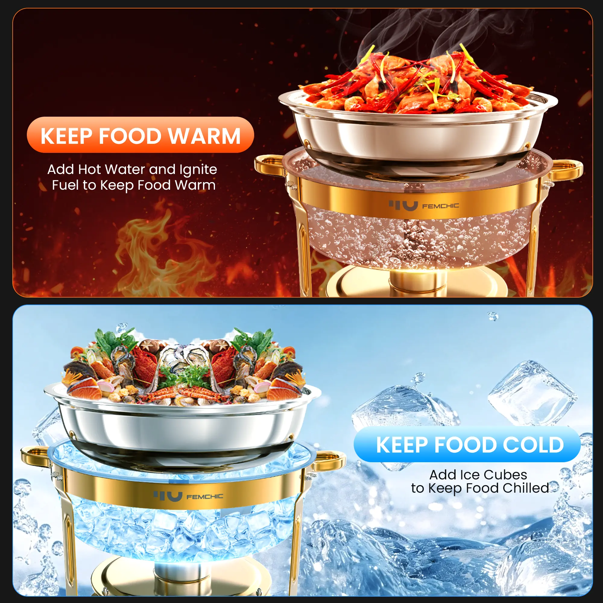 HHVEL 9QT Chafing Dish Buffet Set 2/4 Pack, Black Gold Stainless Steel Round Buffet Server Food Warmer w/ Glass Lid & Lid Holder for Parties Catering Events Weddings Banquets - Image 4
