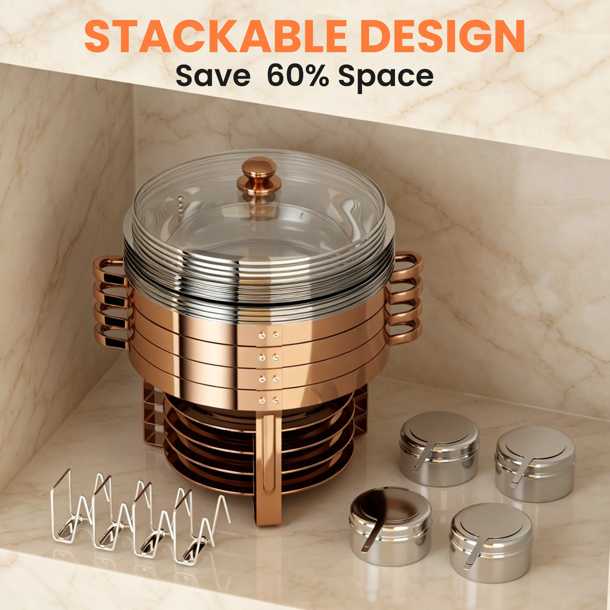 HHVEL Rose Gold Chafing Dish Buffet Set 2/4 Pack, 7QT Stainless Steel Round Buffet Server Food Warmer w/ Glass Lid & Lid Holder for Parties Catering Events Weddings Banquets - Image 4