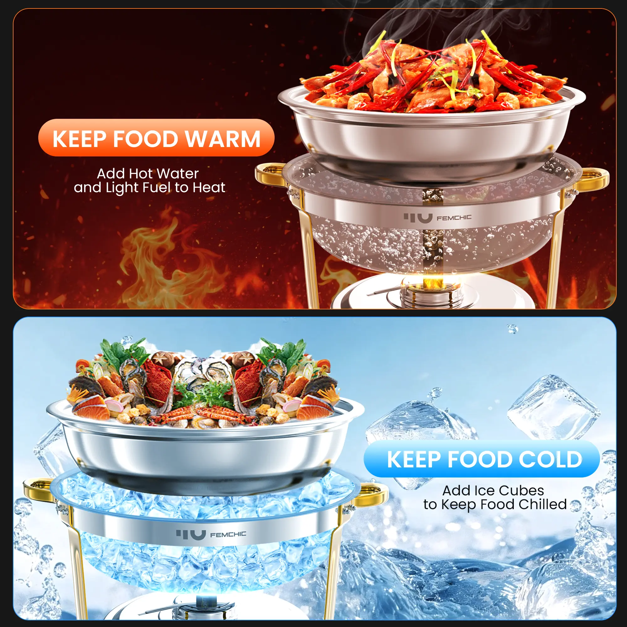 HHVEL 9QT Chafing Dish Buffet Set 2 Pack, Gold Stainless Steel Round Buffet Server Food Warmer w/ Glass Lid & Lid Holder for Parties Catering Events Weddings Banquets - Image 3