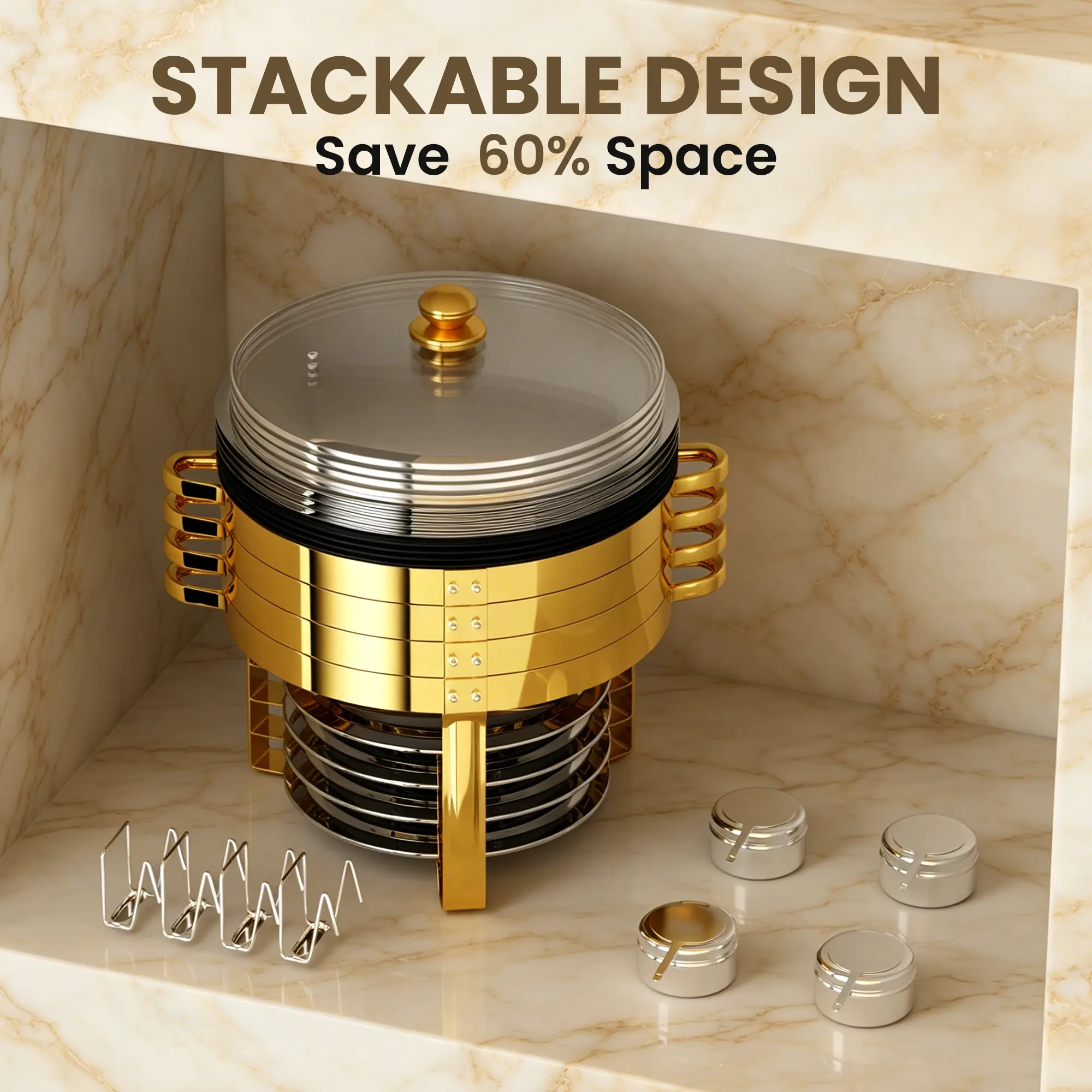HHVEL 9QT Chafing Dish Buffet Set 2/4 Pack, Black Gold Stainless Steel Round Buffet Server Food Warmer w/ Glass Lid & Lid Holder for Parties Catering Events Weddings Banquets - Image 5