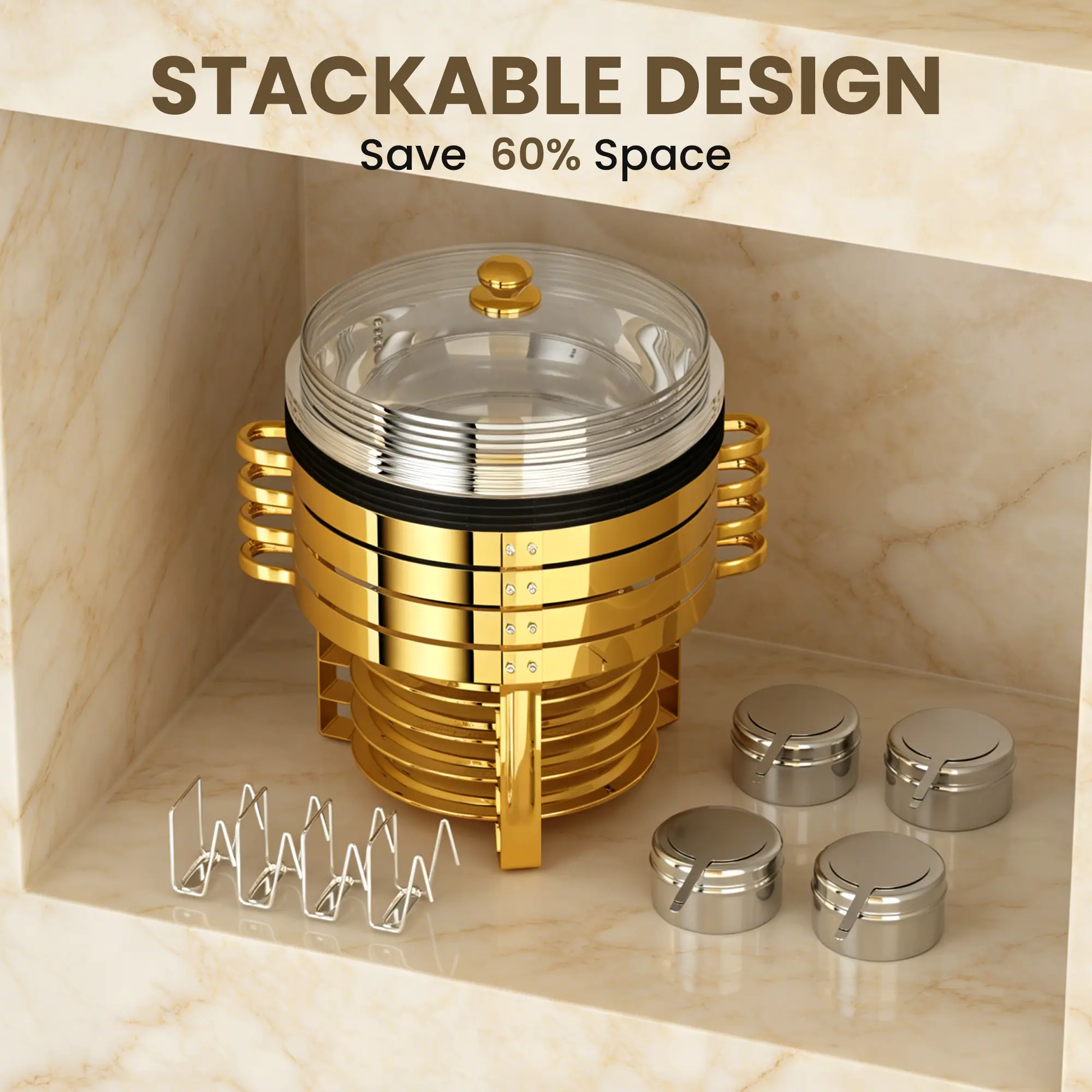 HHVEL 7QT Chafing Dish Buffet Set 2/4 Pack, Black Stainless Steel Round Buffet Server Food Warmer w/ Glass Lid & Lid Holder for Parties Catering Events Weddings Banquets - Image 4