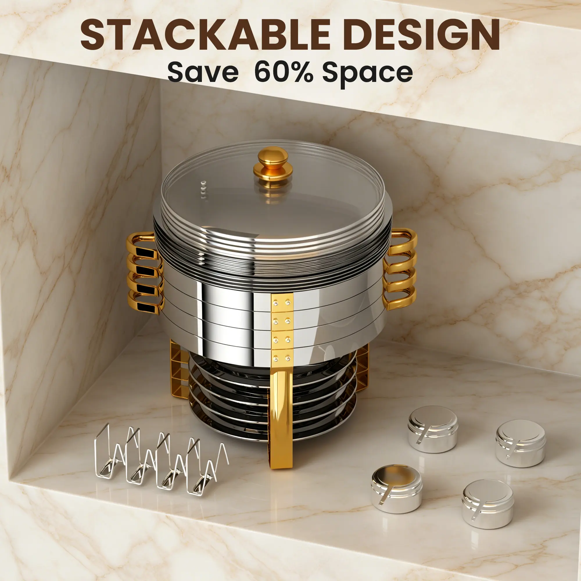 HHVEL 9QT Chafing Dish Buffet Set 2 Pack, Gold Stainless Steel Round Buffet Server Food Warmer w/ Glass Lid & Lid Holder for Parties Catering Events Weddings Banquets - Image 4