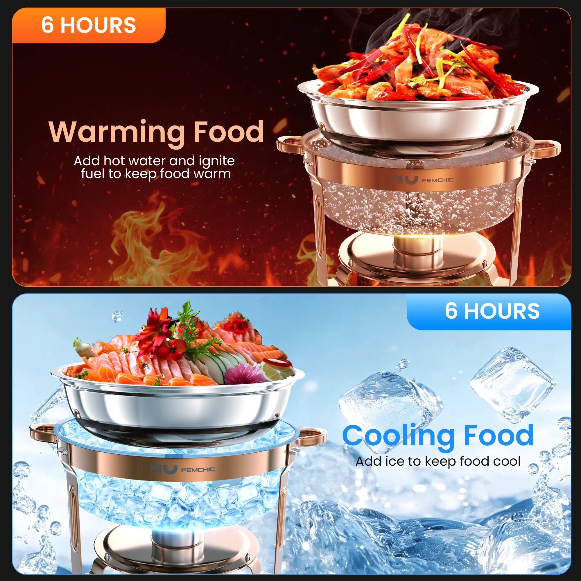 HHVEL Rose Gold Chafing Dish Buffet Set 2/4 Pack, 7QT Stainless Steel Round Buffet Server Food Warmer w/ Glass Lid & Lid Holder for Parties Catering Events Weddings Banquets - Image 3