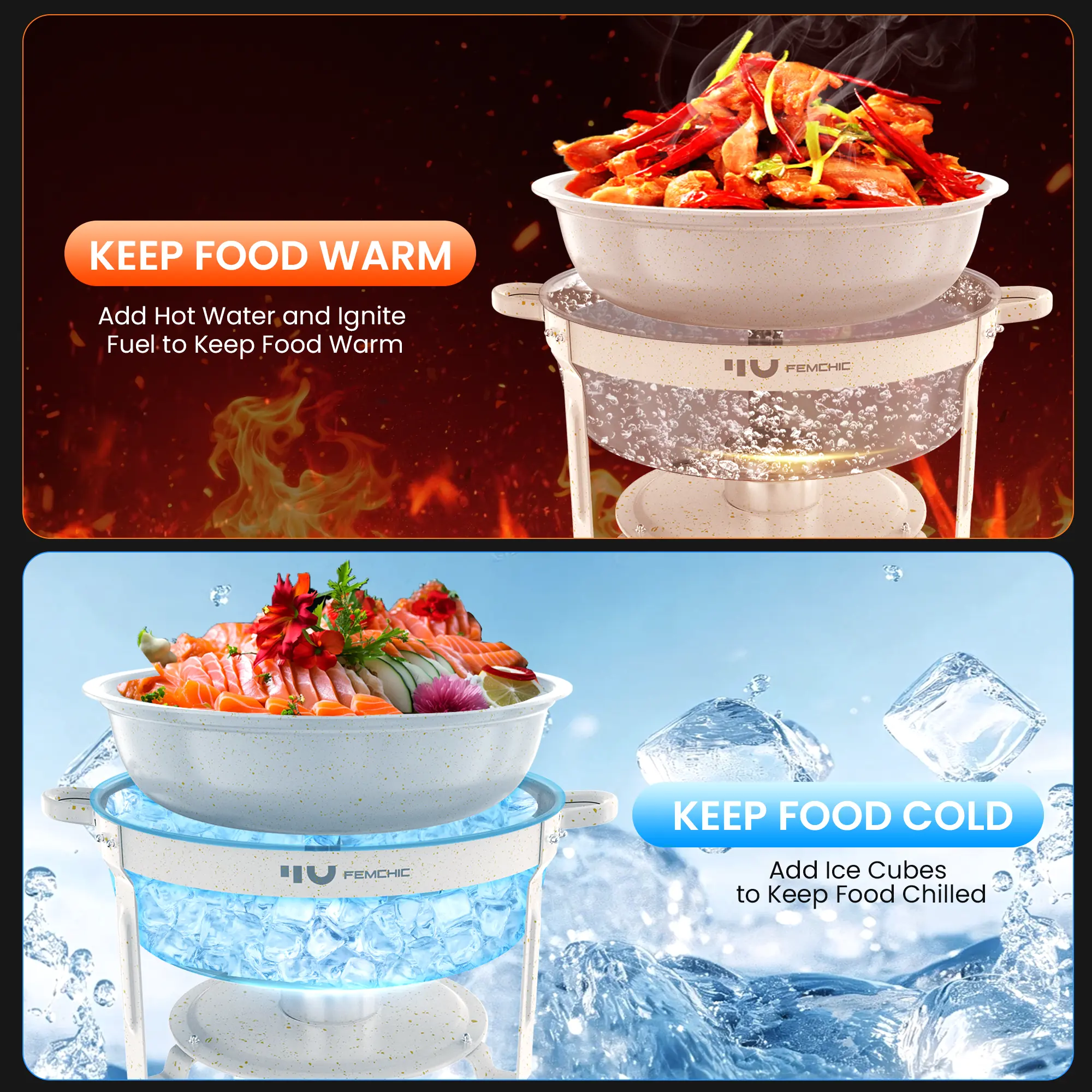 HHVEL 7QT Chafing Dish Buffet Set 2 Pack, White Maifanite-Coated Stainless Steel Round Buffet Server Food Warmer w/ Glass Lid & Lid Holder for Parties Catering Events Weddings Banquets - Image 3