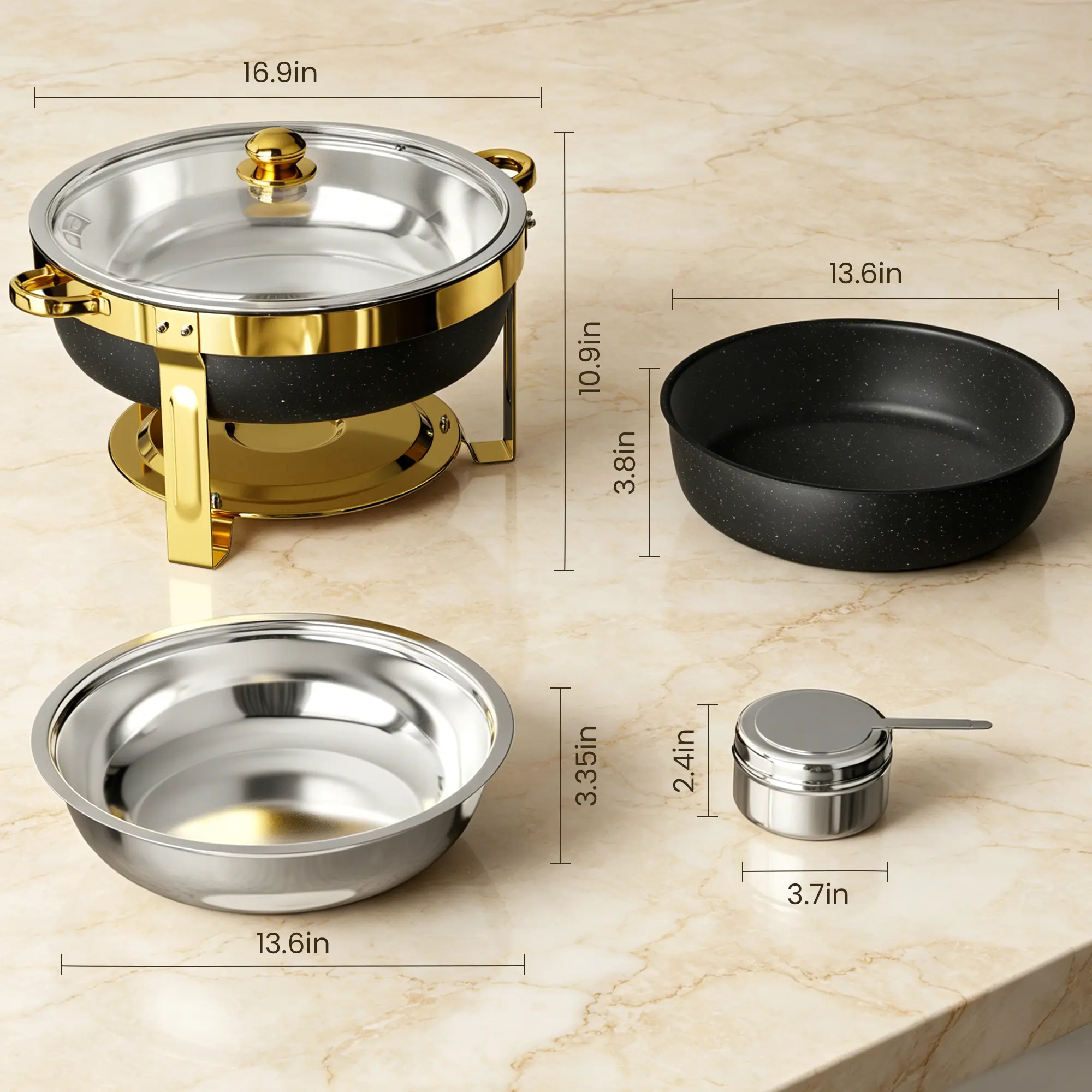 HHVEL 7QT Chafing Dish Buffet Set 2/4 Pack, Black Stainless Steel Round Buffet Server Food Warmer w/ Glass Lid & Lid Holder for Parties Catering Events Weddings Banquets - Image 8