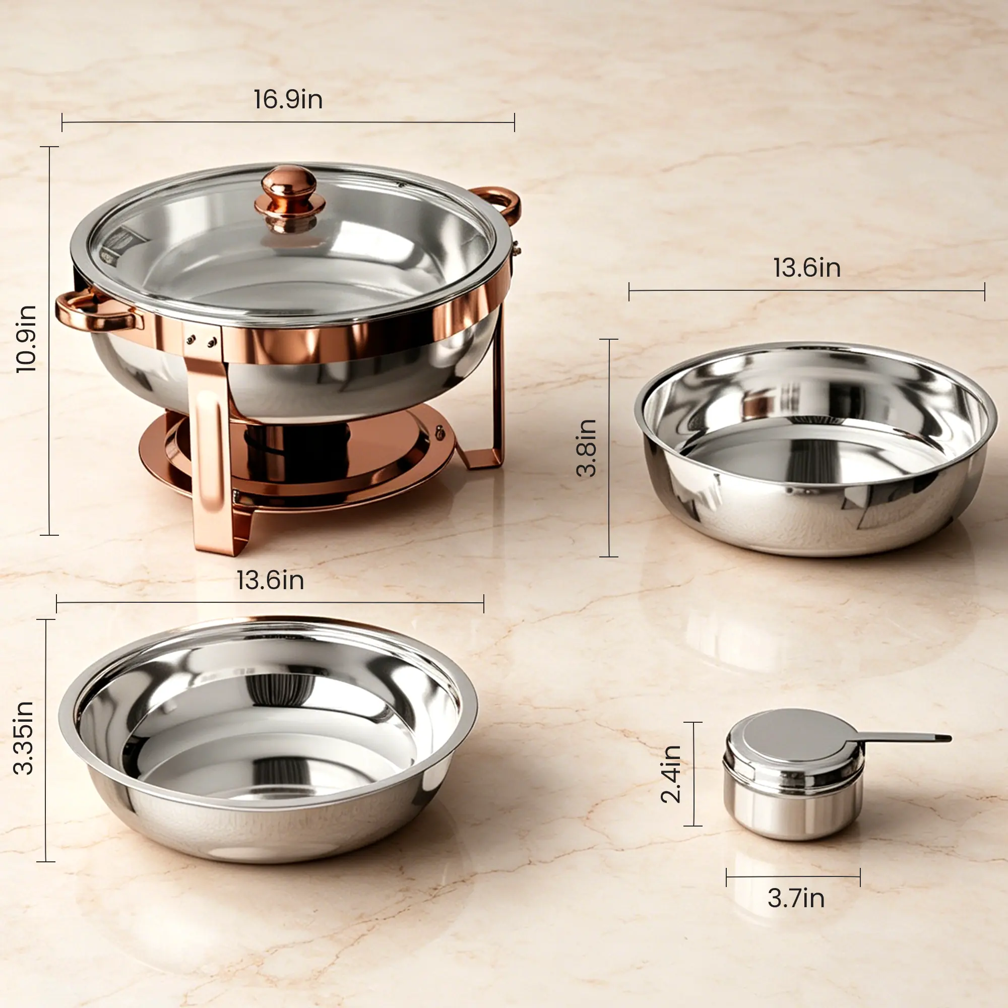 HHVEL Rose Gold Chafing Dish Buffet Set 2/4 Pack, 7QT Stainless Steel Round Buffet Server Food Warmer w/ Glass Lid & Lid Holder for Parties Catering Events Weddings Banquets - Image 9