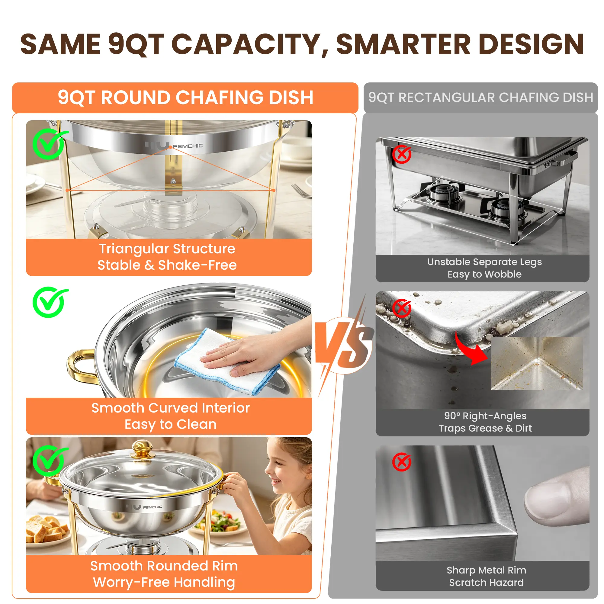 HHVEL 9QT Chafing Dish Buffet Set 2 Pack, Gold Stainless Steel Round Buffet Server Food Warmer w/ Glass Lid & Lid Holder for Parties Catering Events Weddings Banquets