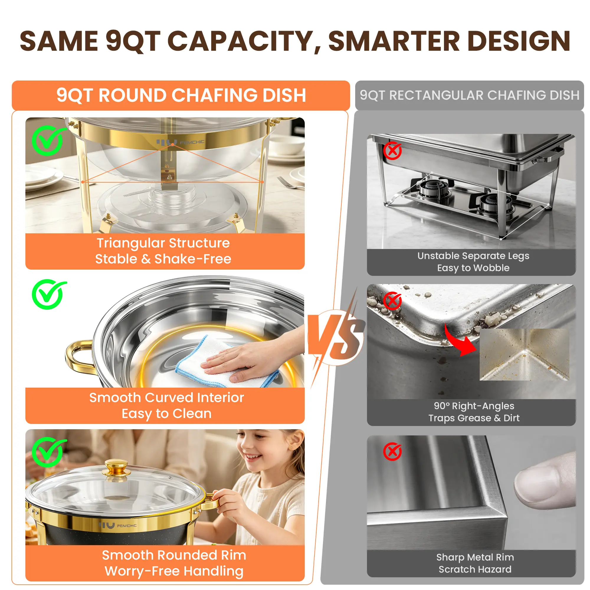 HHVEL 9QT Chafing Dish Buffet Set 2/4 Pack, Black Gold Stainless Steel Round Buffet Server Food Warmer w/ Glass Lid & Lid Holder for Parties Catering Events Weddings Banquets
