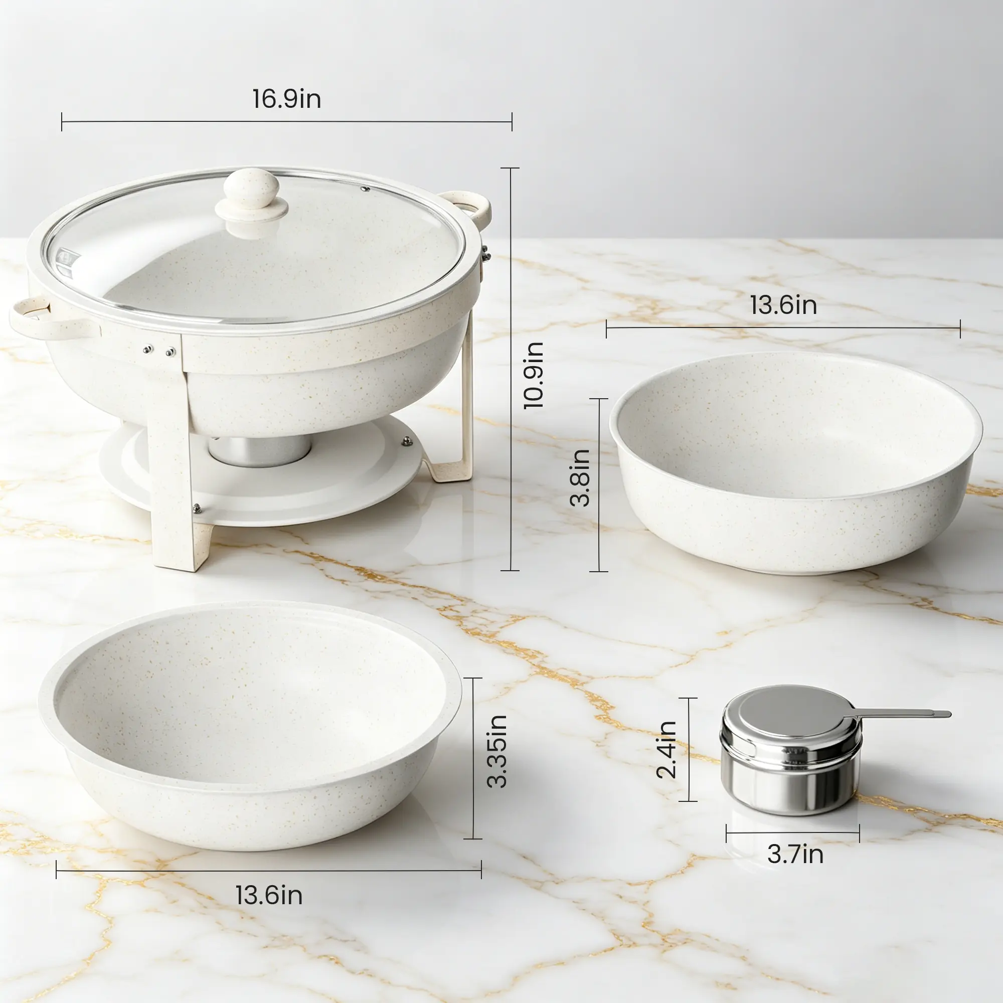 HHVEL 7QT Chafing Dish Buffet Set 2 Pack, White Maifanite-Coated Stainless Steel Round Buffet Server Food Warmer w/ Glass Lid & Lid Holder for Parties Catering Events Weddings Banquets - Image 7
