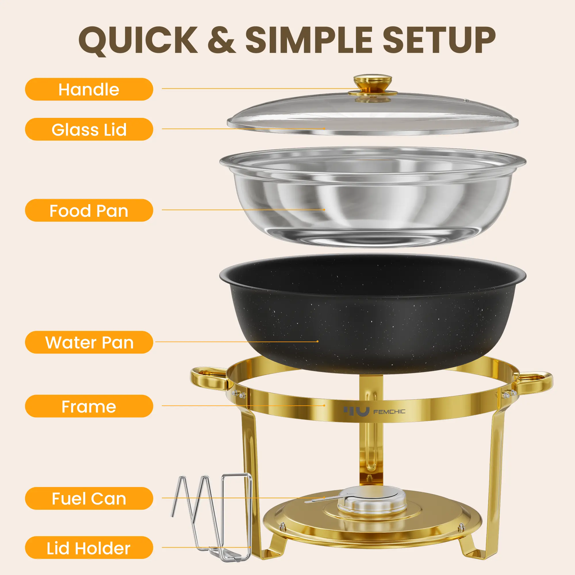 HHVEL 9QT Chafing Dish Buffet Set 2/4 Pack, Black Gold Stainless Steel Round Buffet Server Food Warmer w/ Glass Lid & Lid Holder for Parties Catering Events Weddings Banquets - Image 9