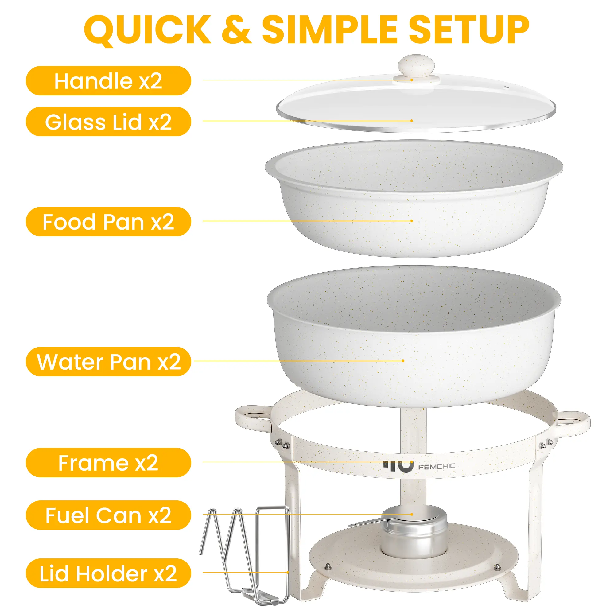 HHVEL 7QT Chafing Dish Buffet Set 2 Pack, White Maifanite-Coated Stainless Steel Round Buffet Server Food Warmer w/ Glass Lid & Lid Holder for Parties Catering Events Weddings Banquets - Image 8
