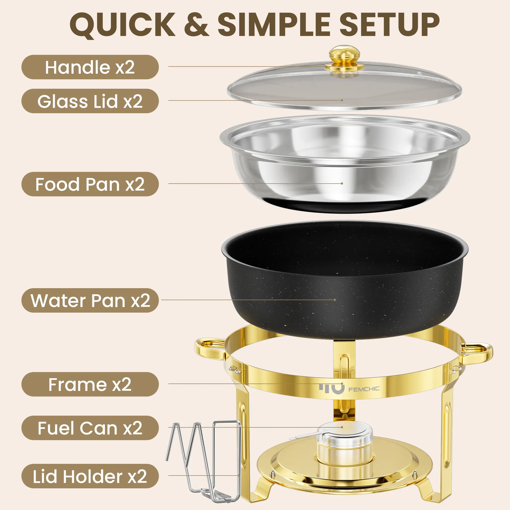 HHVEL 7QT Chafing Dish Buffet Set 2/4 Pack, Black Stainless Steel Round Buffet Server Food Warmer w/ Glass Lid & Lid Holder for Parties Catering Events Weddings Banquets - Image 9